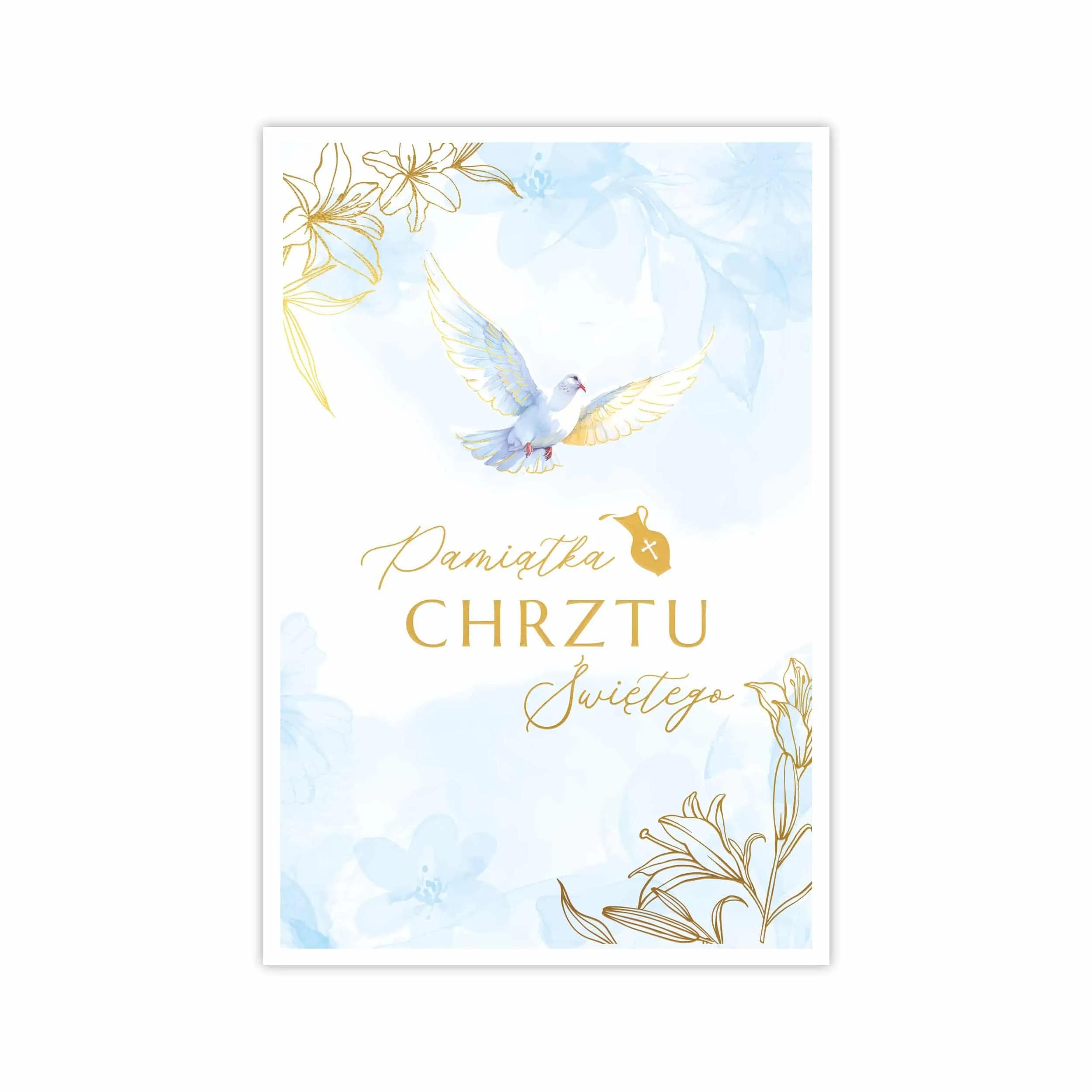 Elegancka kartka dla chłopca ozdobiona subtelnymi akwarelowymi grafikami oraz matowymi złoceniami. Zawiera duże napisy imitujące ręczne pismo pasujące do motywu gołębicy.