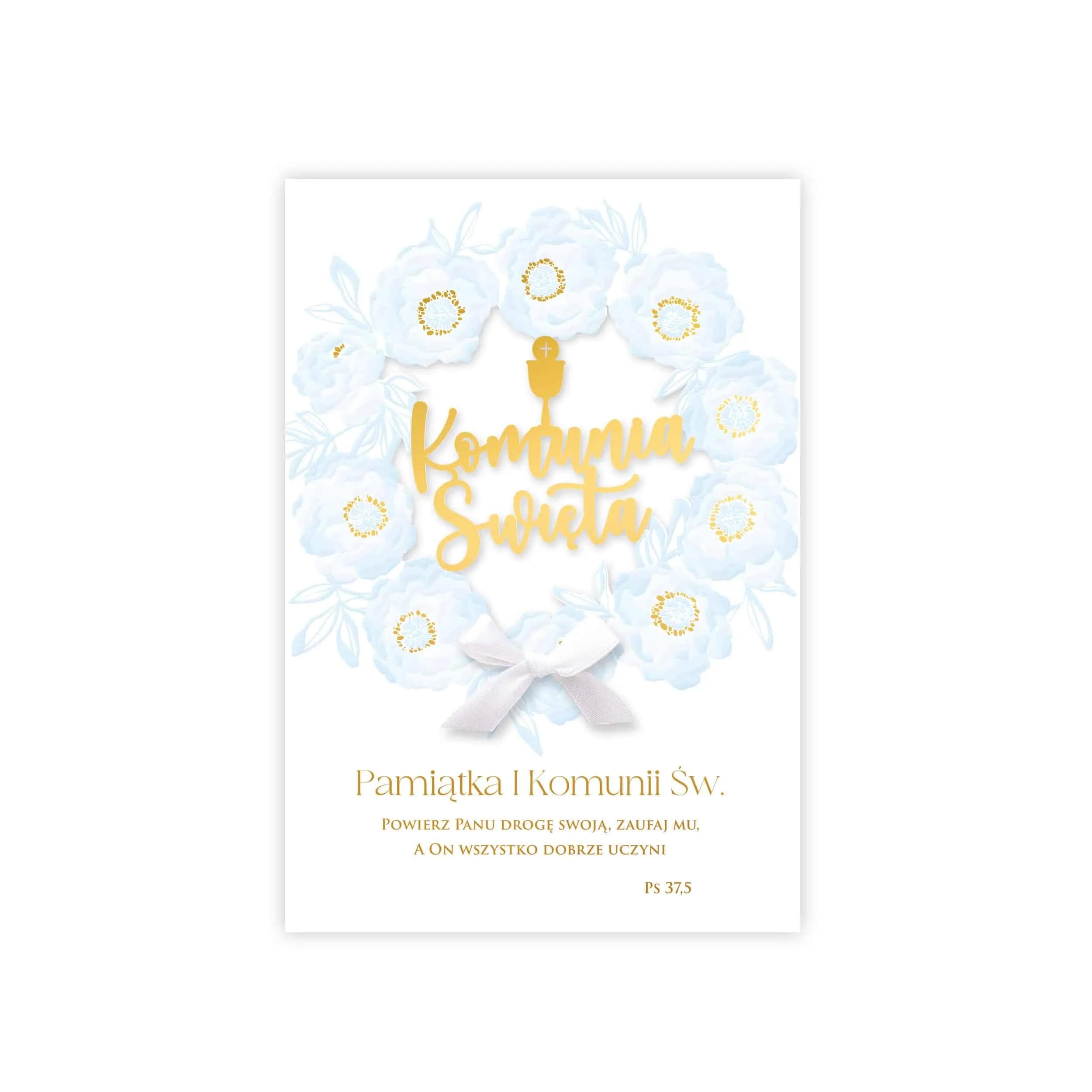 Karnet LC z okazji I Komunii Świętej łączy tradycyjne wzornictwo z eleganckim wykończeniem, wianek z kwiatów, dla chłopca, niebieskie kwiatki