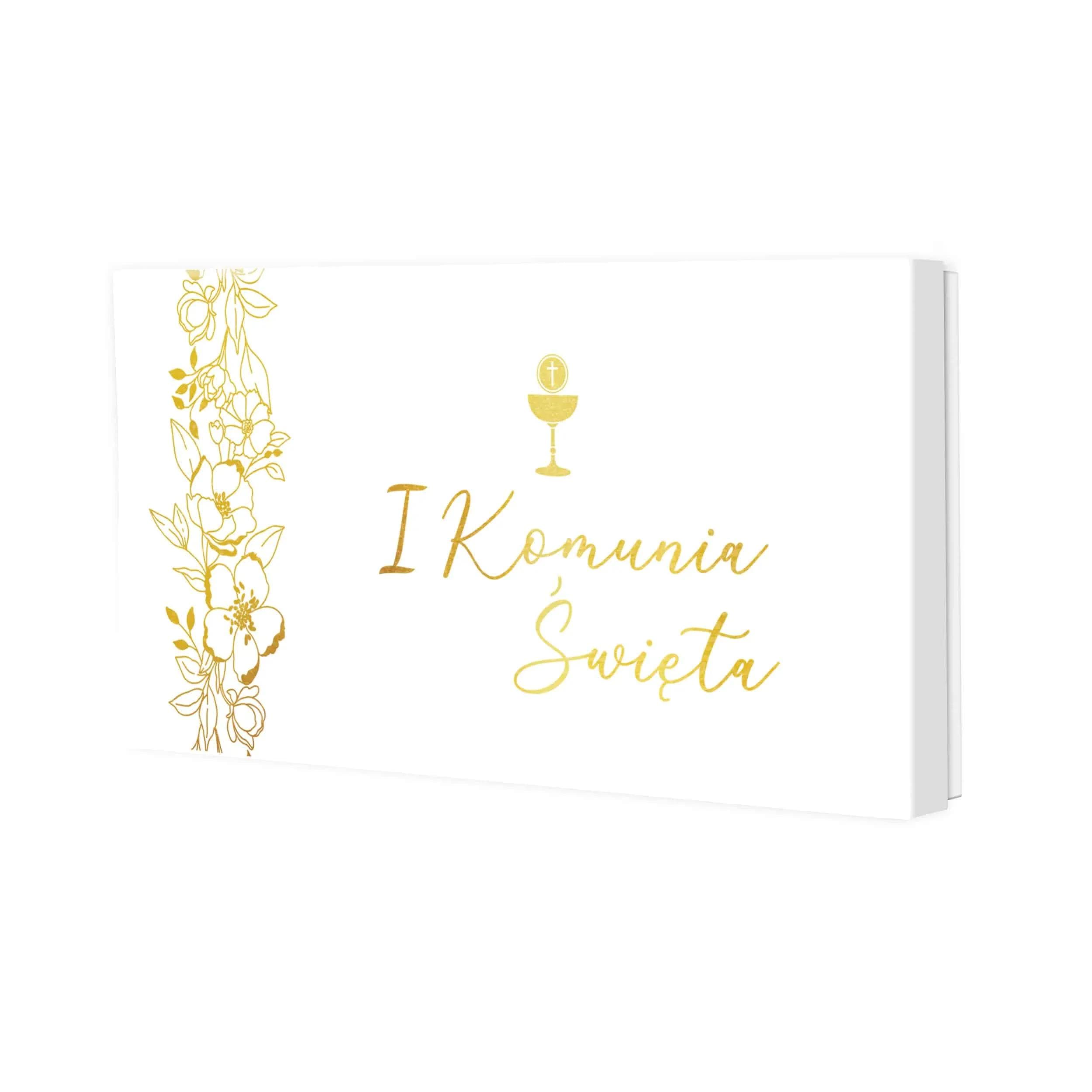 Pudełko na pieniądze i vouchery z okazji Komunii, białe ze złotymi akcentami