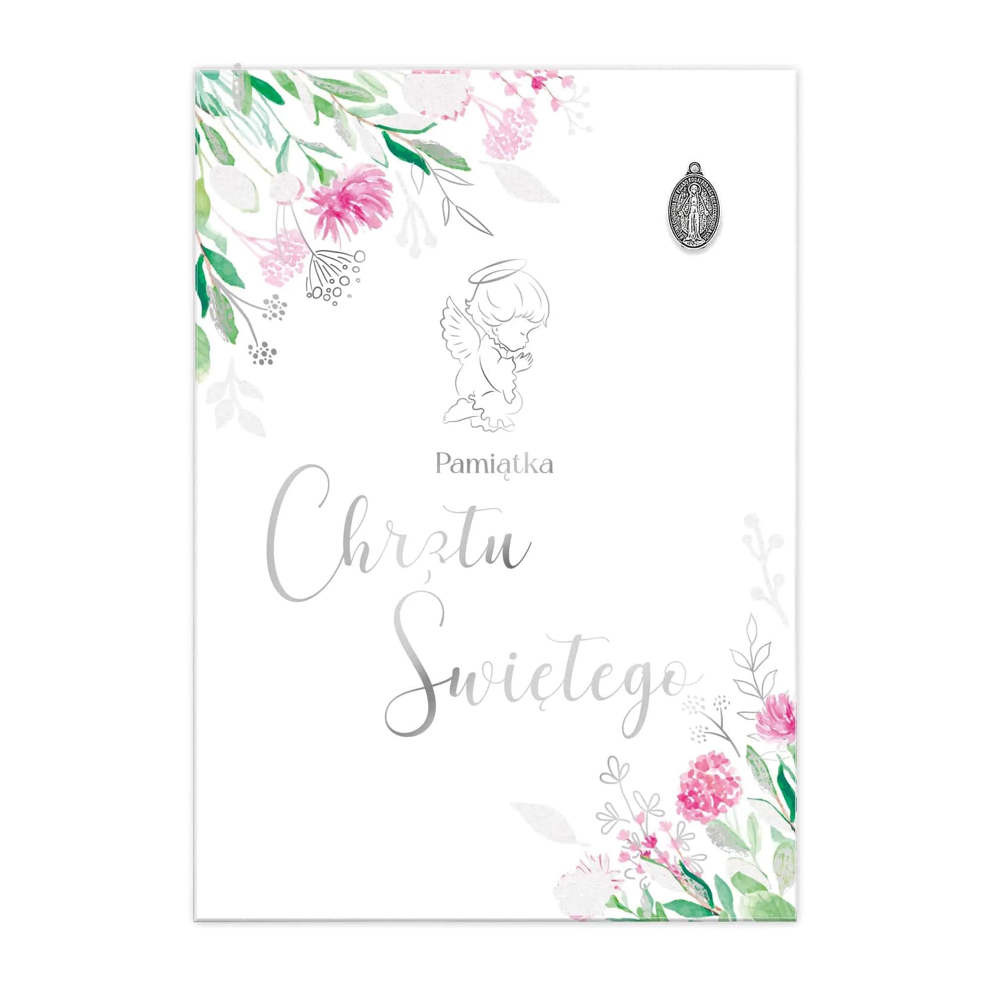 Okładka książeczki z okazji Chrztu Świętego różowa dla dziewczynki z aniołkiem