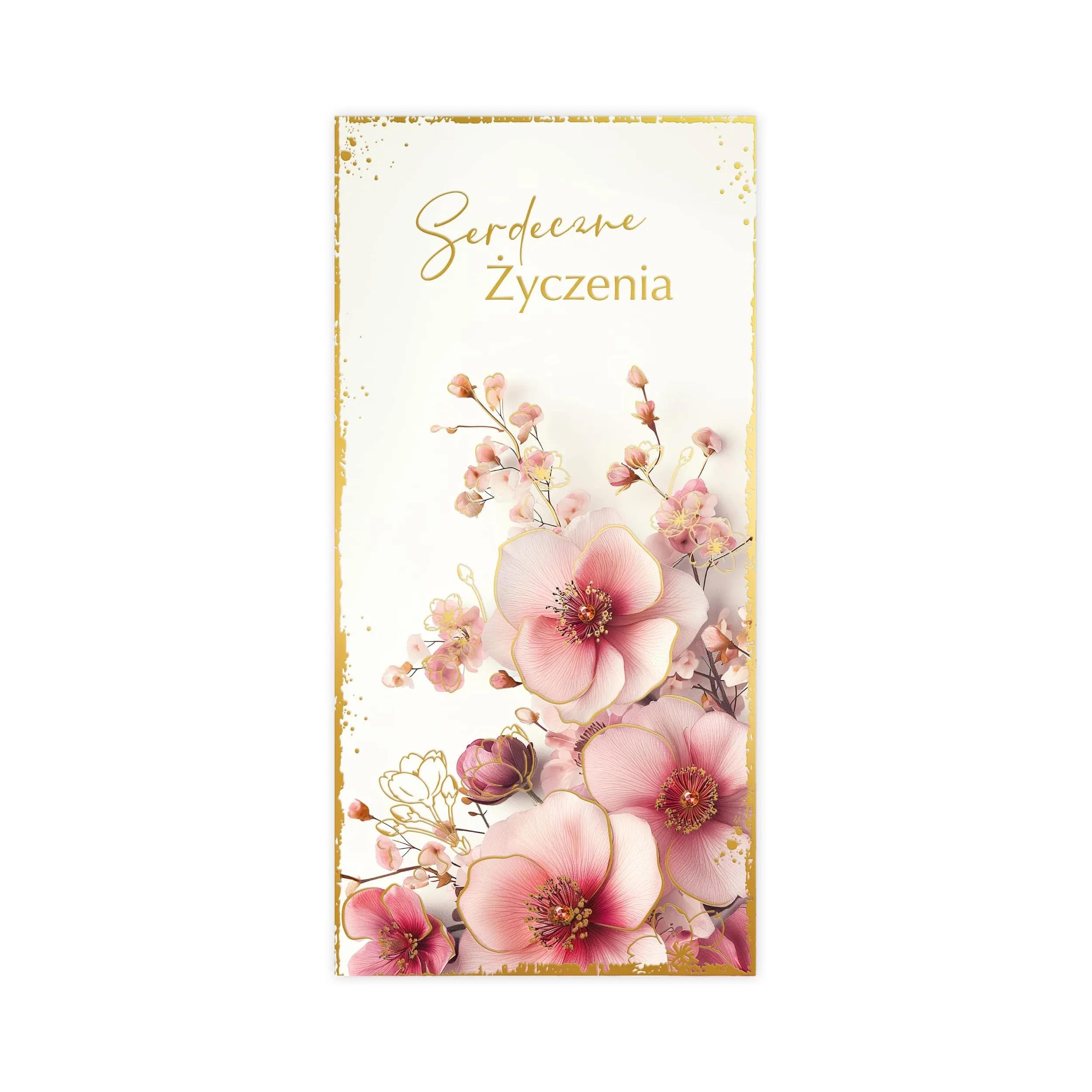 Kartka z napisem Serdeczne Życzenia, beżowa z różowymi kwiatami, ozdobiona złotą ramką
