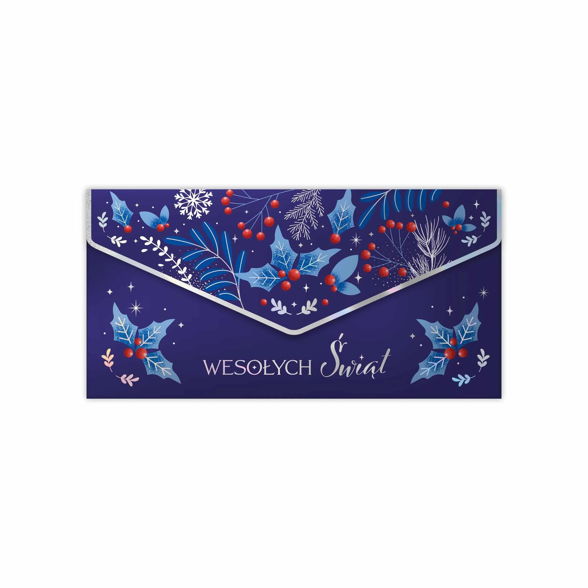 Granatowa ozdobna koperta bożonarodzeniowa na pieniądze, vouchery i karty podarunkowe z motywem ostrokrzewu, czerwonych jagód i napisem Wesołych Świąt.