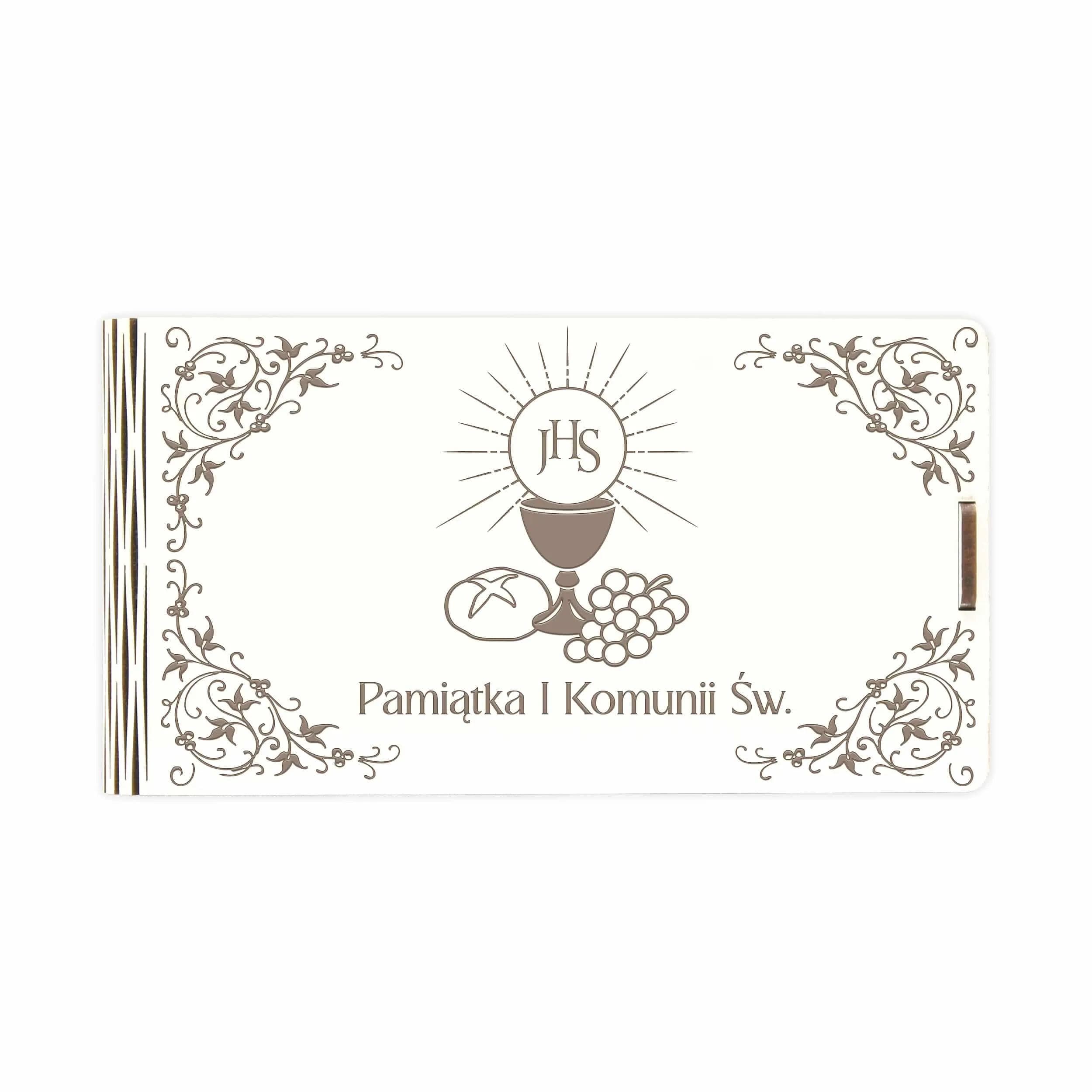 Pudełko drewniane na pieniądze z okazji I Komunii Świętej grawerowane - wzór z kielichem i chlebkiem