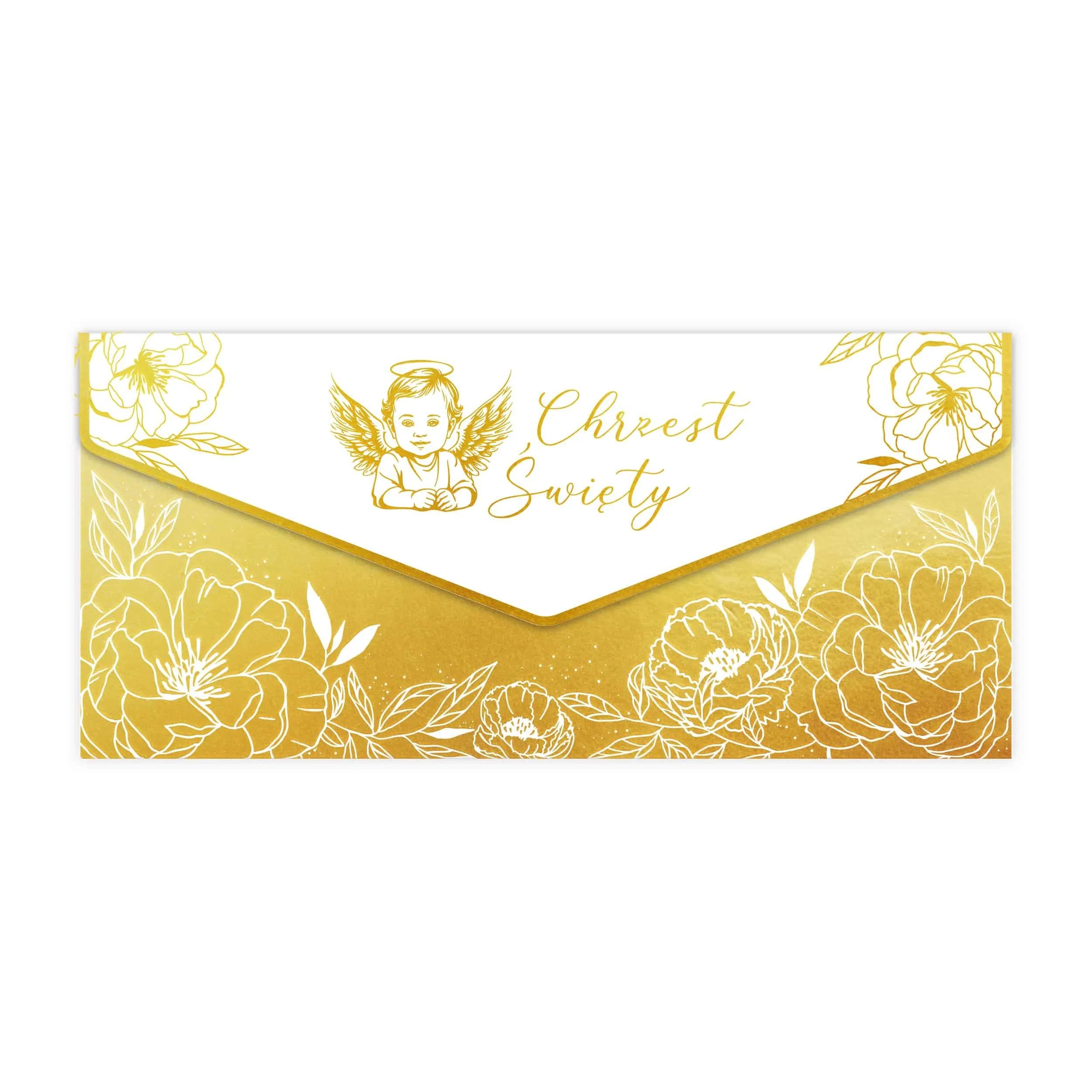 Elegancka koperta PREMIUM na Chrzest Święty, bogato złocona z motywami kwiatowymi i sakralnymi. Wzór ogólny z aniołkiem.