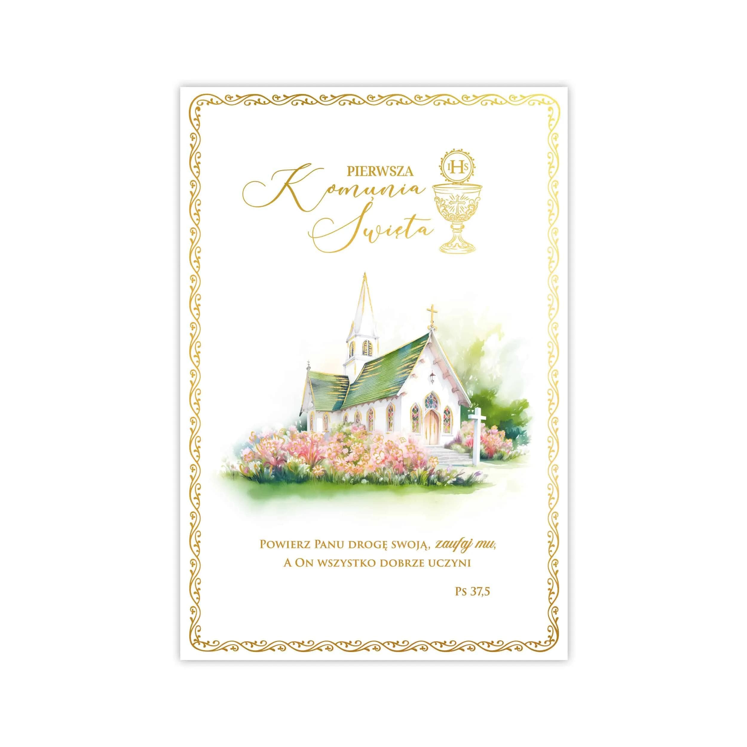 Kartka B6 z okazji I Komunii Św. z uroczym akwarelowym kościołem i złoconym cytatem z Biblii