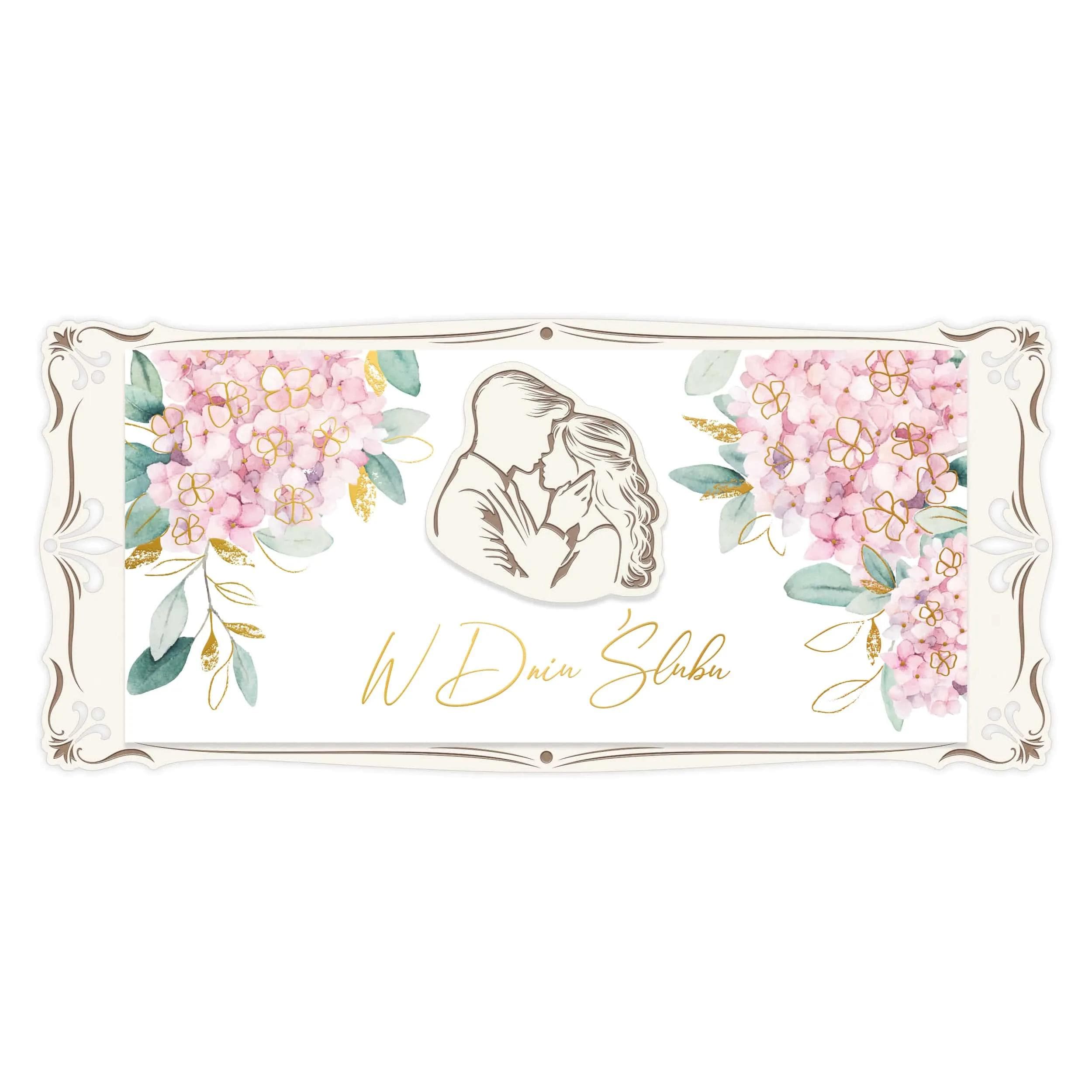 Wyjątkowy karnet DL DG to harmonijne połączenie kremowego, ozdobnego papieru ze złoceniami oraz starannie grawerowanego drewna. Kartka przedstawia akwarelowe ilustracje różowych kwiatów.