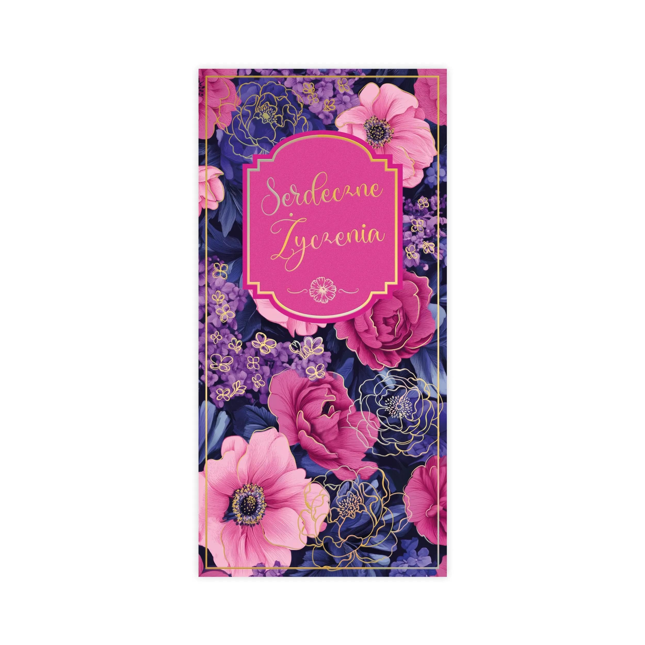 Różowa kartka z kwiatami ze złotym napisem Serdeczne życzenia