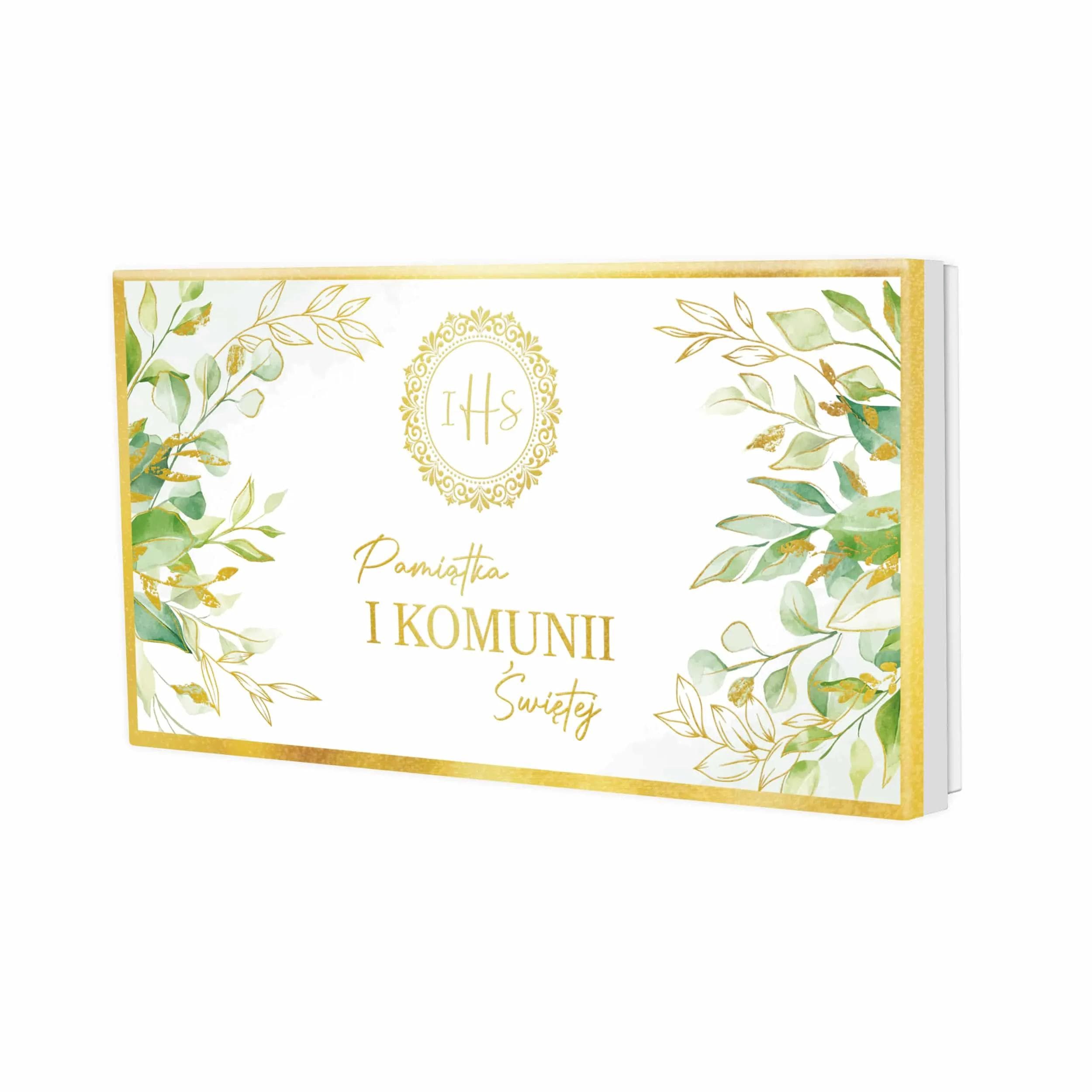 Pudełko prezentowe slim dl zielone liście i hostia. Pudełko z okazji I Komunii Św na pieniądze.