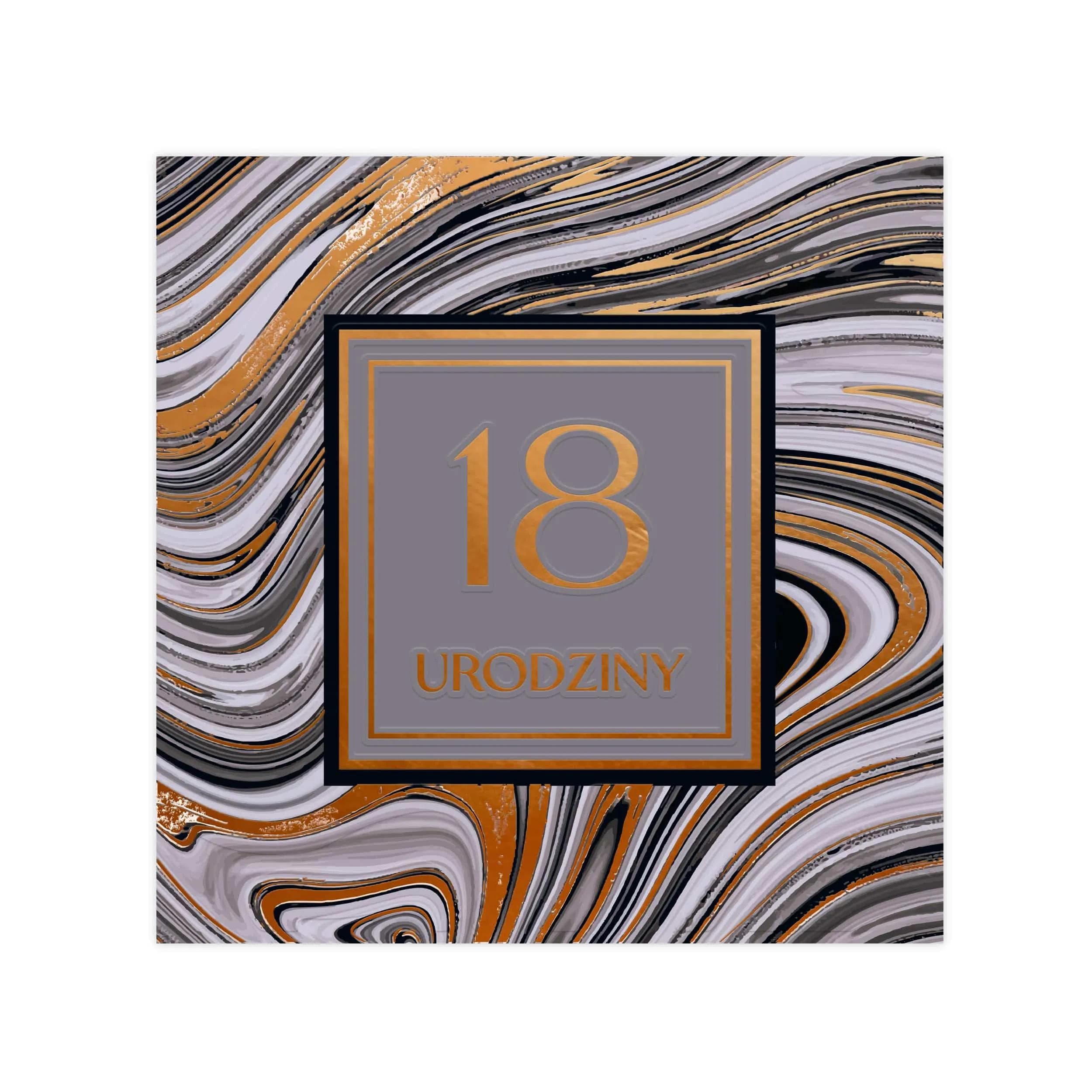 Kartka na 18 urodziny z nowoczesnym marmurowym tłem w szaro-czarnych i miedzianych barwach oraz złoconym napisem 18 urodziny.