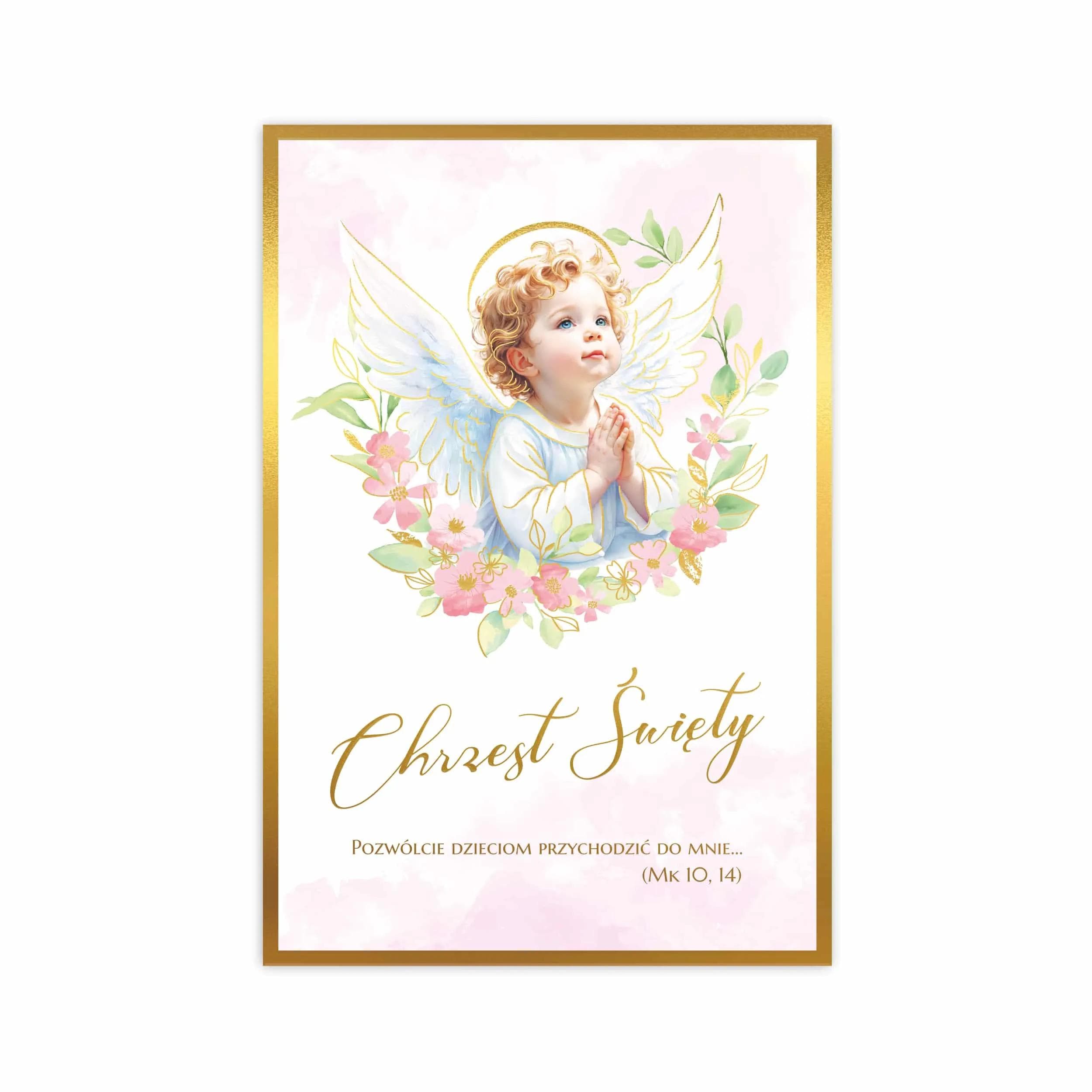 Elegancka kartka ozdobiona subtelnymi akwarelowymi grafikami oraz matowymi złoceniami. Zawiera duże napisy imitujące ręczne pismo pasujące do motywu modlącego się aniołka na różowym tle.