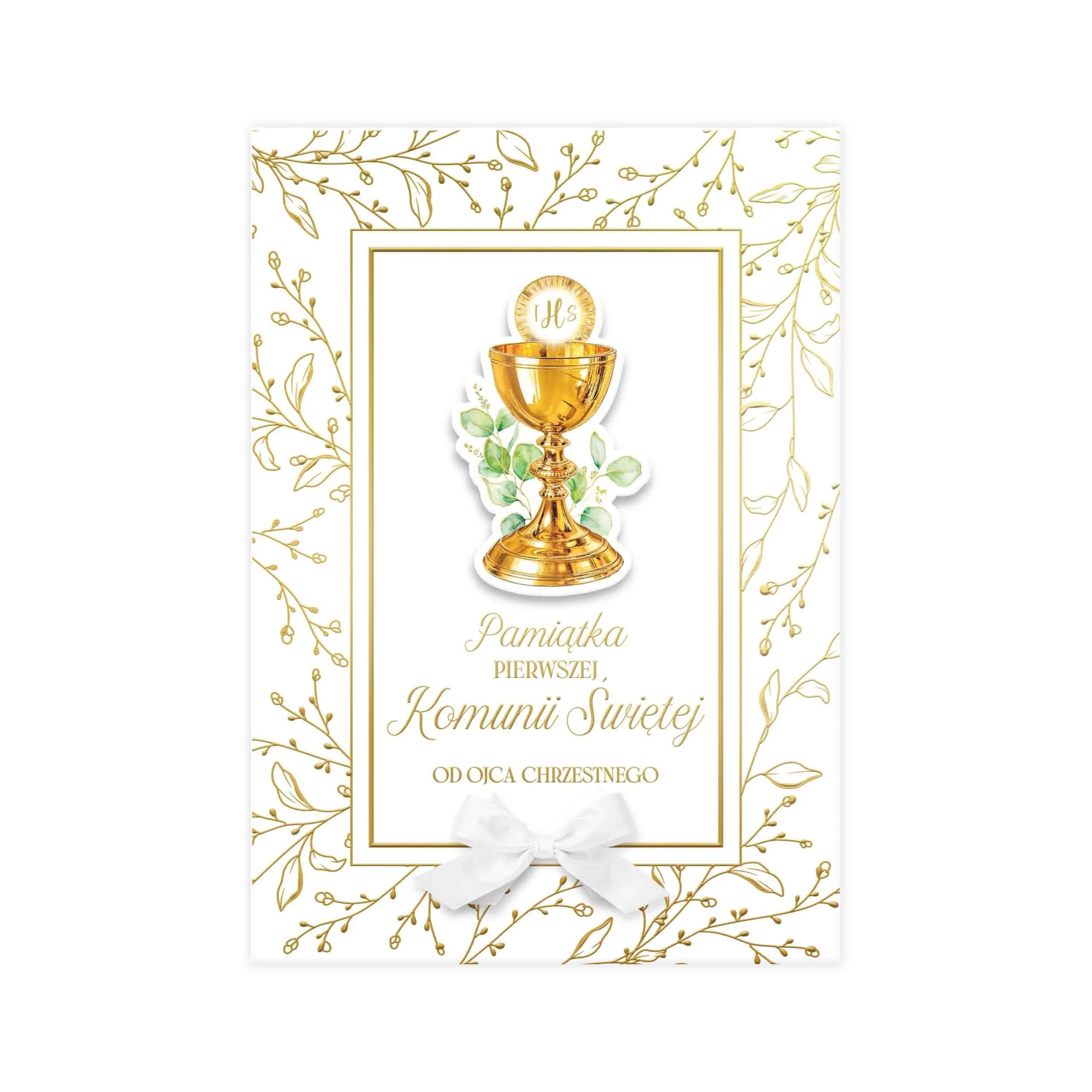 Album z akwarelowym kielichem, kokardką i złoconymi kwiatami od Ojca Chrzestnego