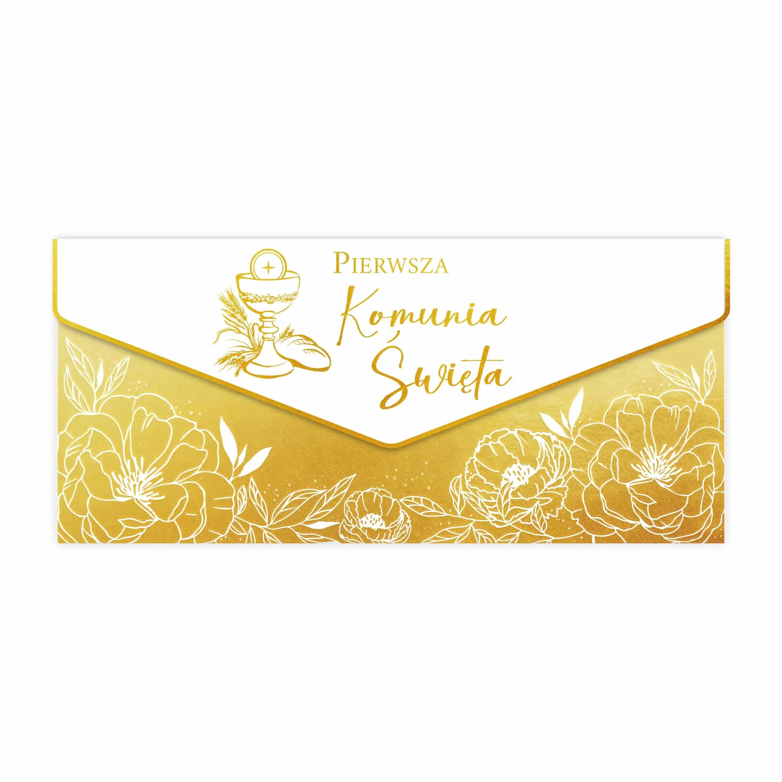 Zdjęcie przedstawia elegancki karnet PREMIUM na Pierwszą Komunię Świętą wraz ze złotą ozdobną kopertą, udekorowaną delikatnym motywem kwiatowym. Kartka posiada subtelne złocenia oraz symbol kielicha komunijnego, co podkreśla jej uroczysty charakter. Całość wygląda stylowo i luksusowo.