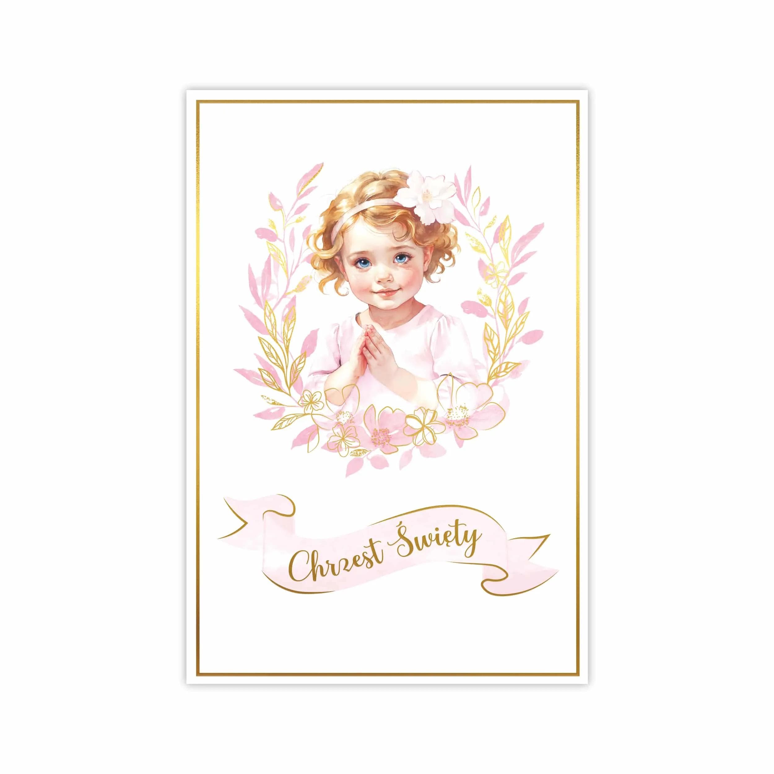 Elegancka kartka ozdobiona subtelnymi akwarelowymi grafikami oraz matowymi złoceniami. Zawiera duże napisy imitujące ręczne pismo pasujące do motywu modlącej się dziewczynki.