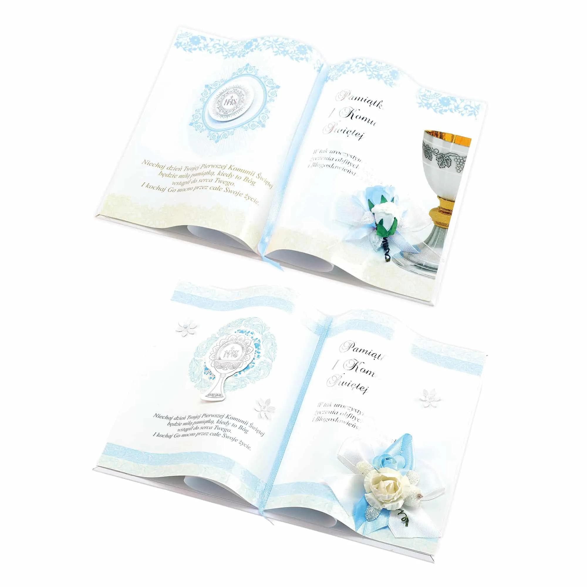 dekoracja, otwarta książeczka, życzenia, niebieski wzór dla chłopca na I komunię św