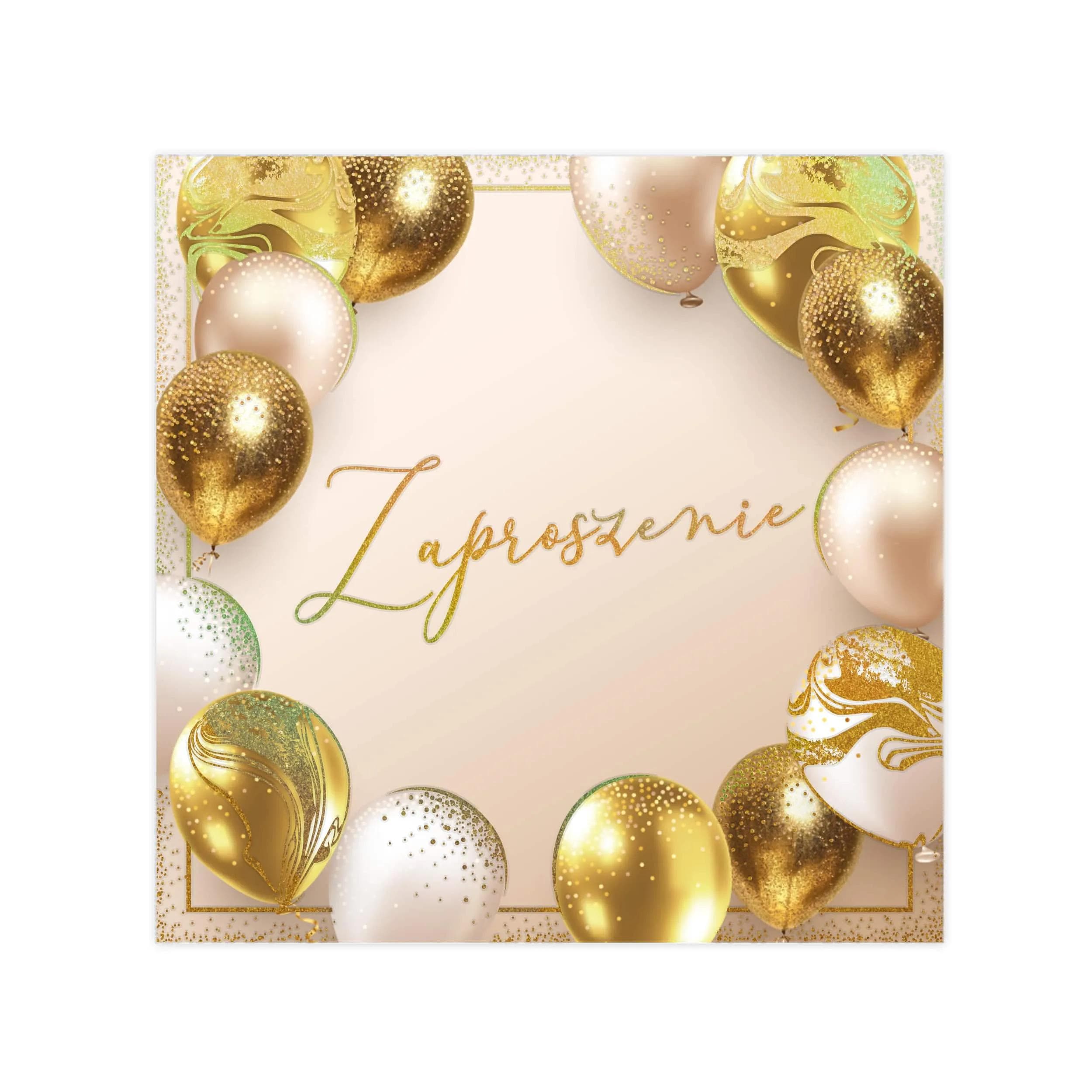 Eleganckie zaproszenie urodzinowe na jasnym tle, zdobione złotymi, białymi i beżowymi balonami oraz subtelnym złoceniem.