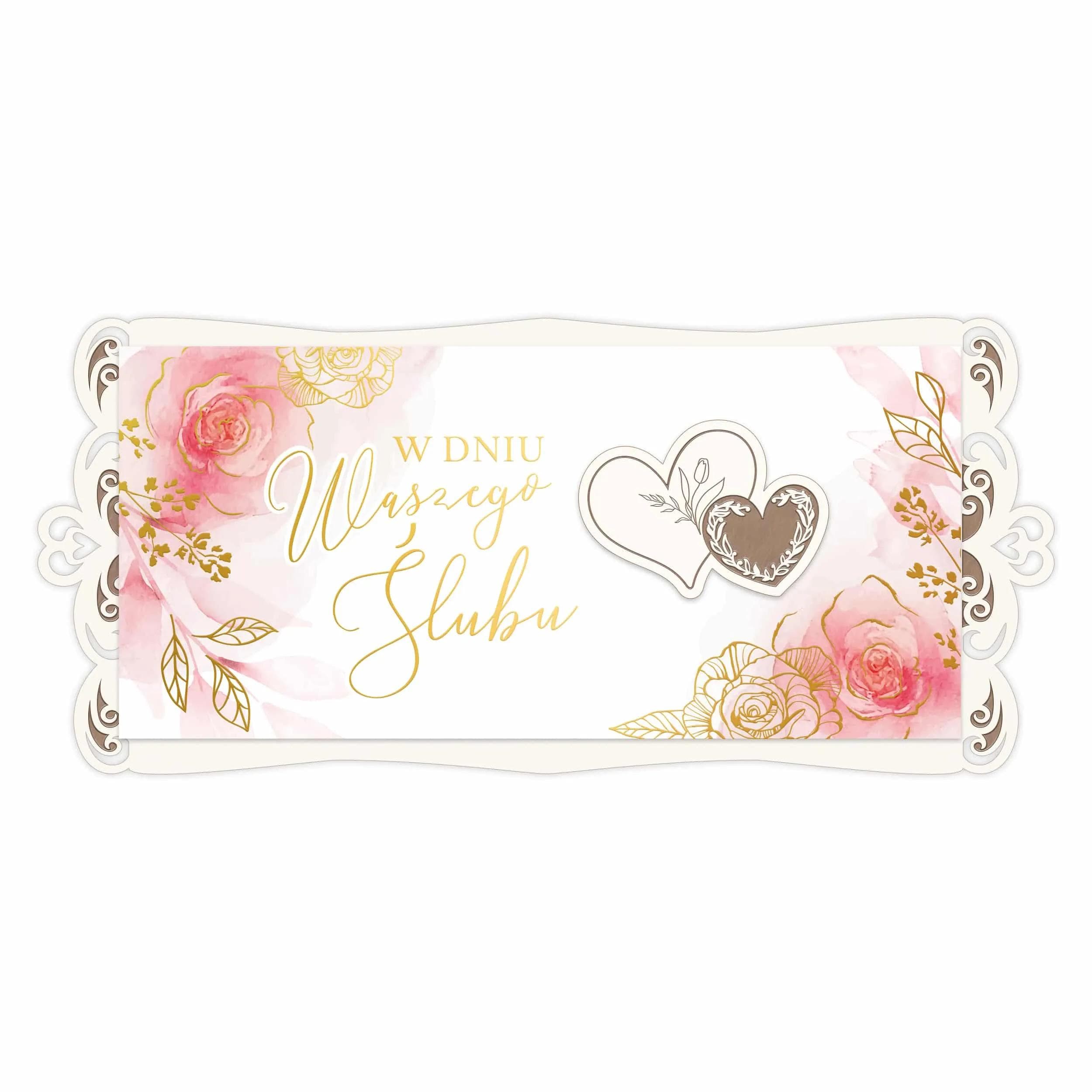 Wyjątkowy karnet DL DG to harmonijne połączenie kremowego, ozdobnego papieru ze złoceniami oraz starannie grawerowanego drewna. Kartka przedstawia akwarelowe ilustracje róż i drewniane serduszka.