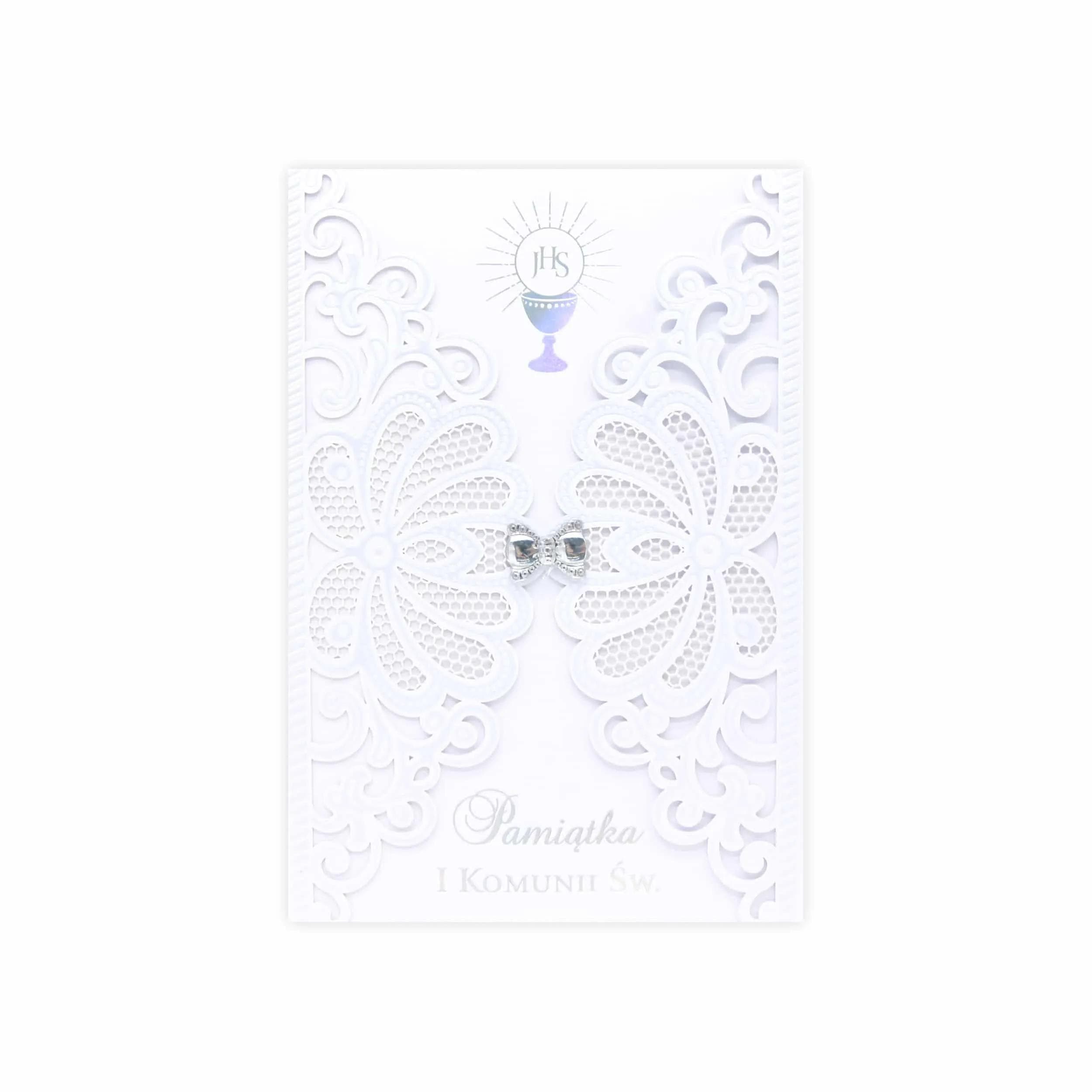 LC kartka z koronkowymi wycinankami z okazji I Komunii Świętej ze srebrnym kielichem