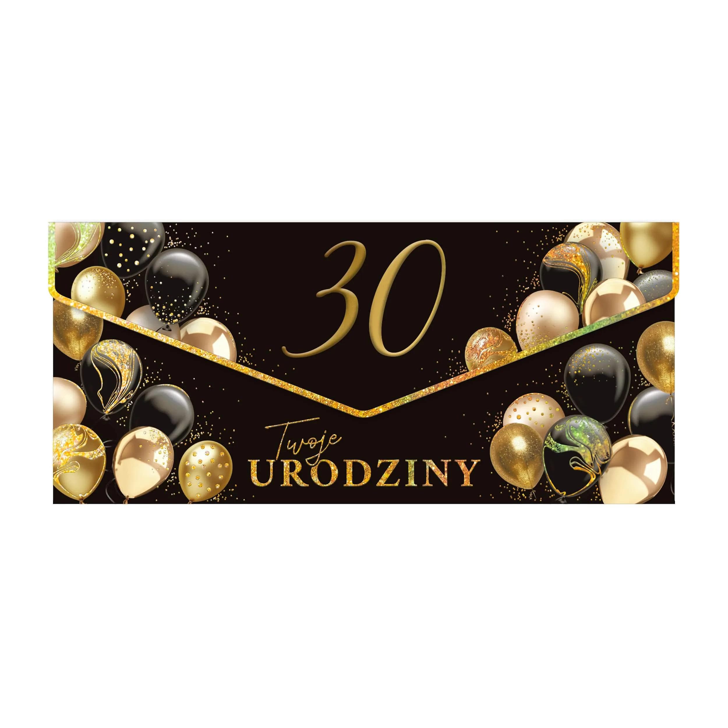 Elegancka koperta premium na urodziny w kolorze czarnym, z dużą, złoconą i tłoczoną cyfrą na froncie. Połyskujące złocenia nadają jej ekskluzywny charakter. Na 30 urodziny.