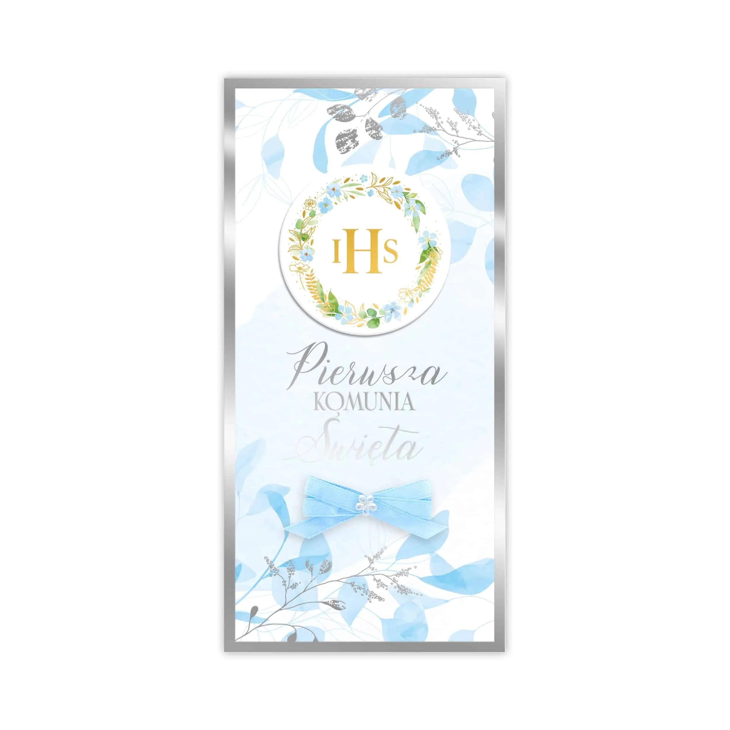 Kartka DL-R dla chłopca niebieska z hostią