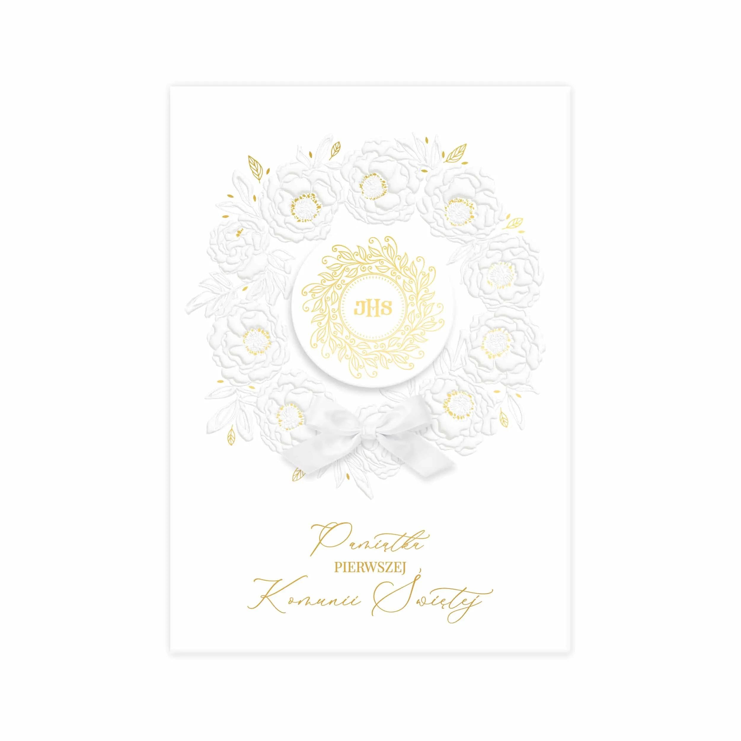 Okładka złoconego albumu na I Komunię Świętą z hostią.