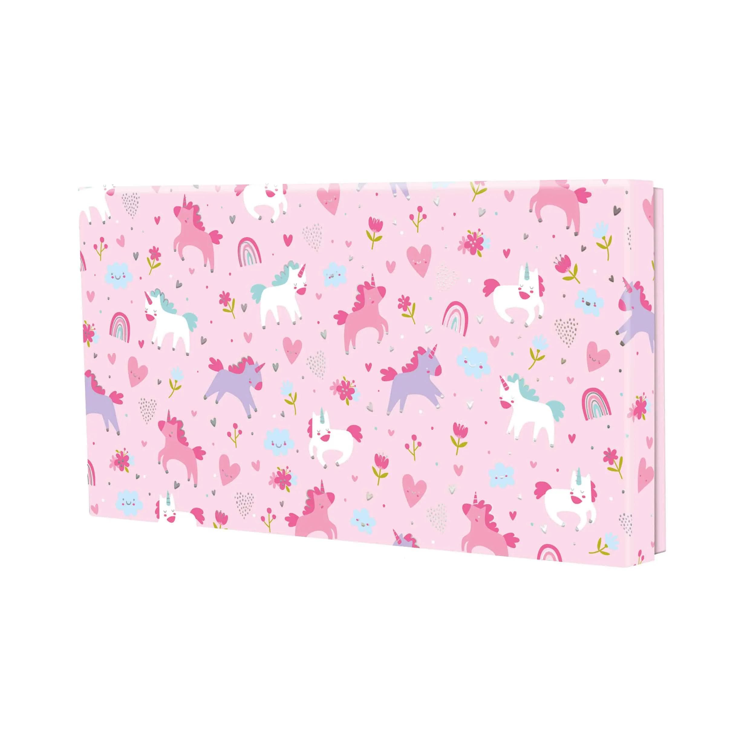 Pudełko prezentowe dla dzieci, wąskie, akwarelowe kolory, idealne na pieniądze, karty podarunkowe i vouchery! Wzór z jednorożcami różowy.