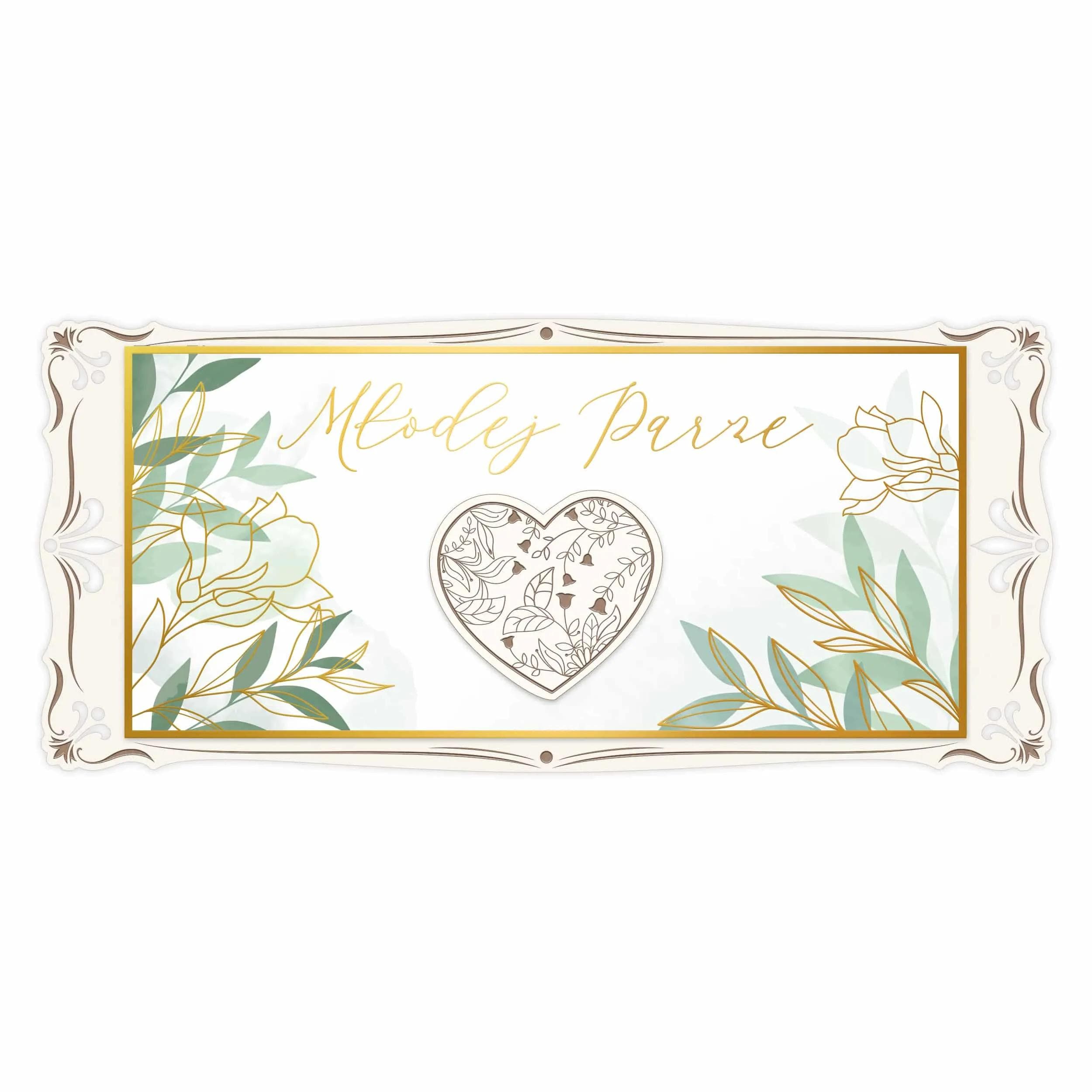 Wyjątkowy karnet DL DG to harmonijne połączenie kremowego, ozdobnego papieru ze złoceniami oraz starannie grawerowanego drewna. Kartka przedstawia akwarelowe ilustracje zielonych liści.