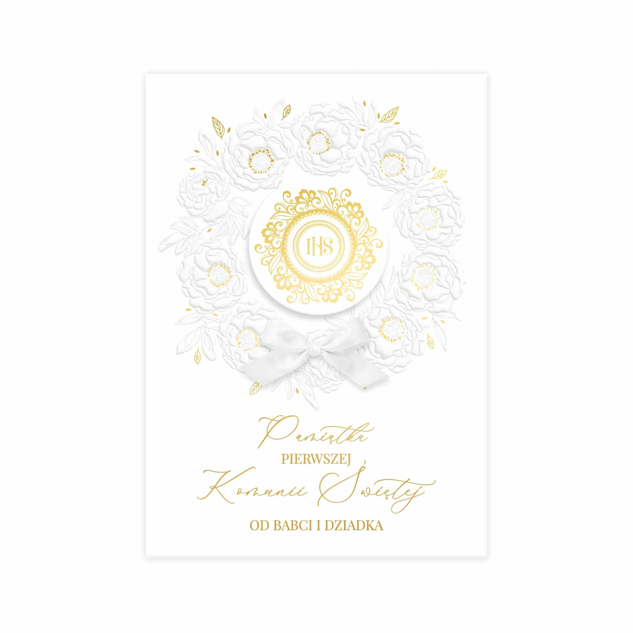 Okładka złoconego albumu na I Komunię Świętą z hostią.