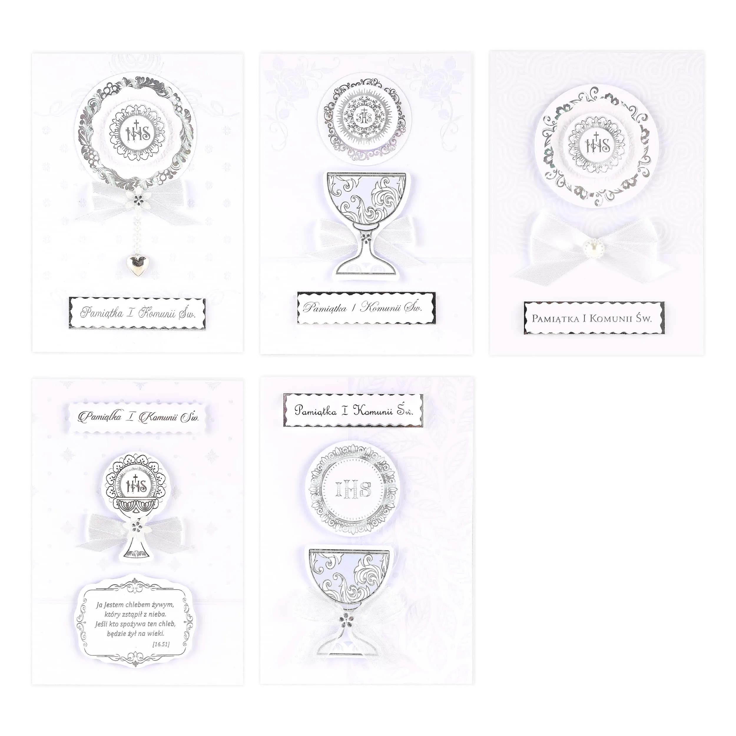ręcznie robione kartki na komunie, kilku warstwowe elementy, złocenie i tłoczenie, kokardki. Białe wzory ogólne na komunie w rozmiarze C6.