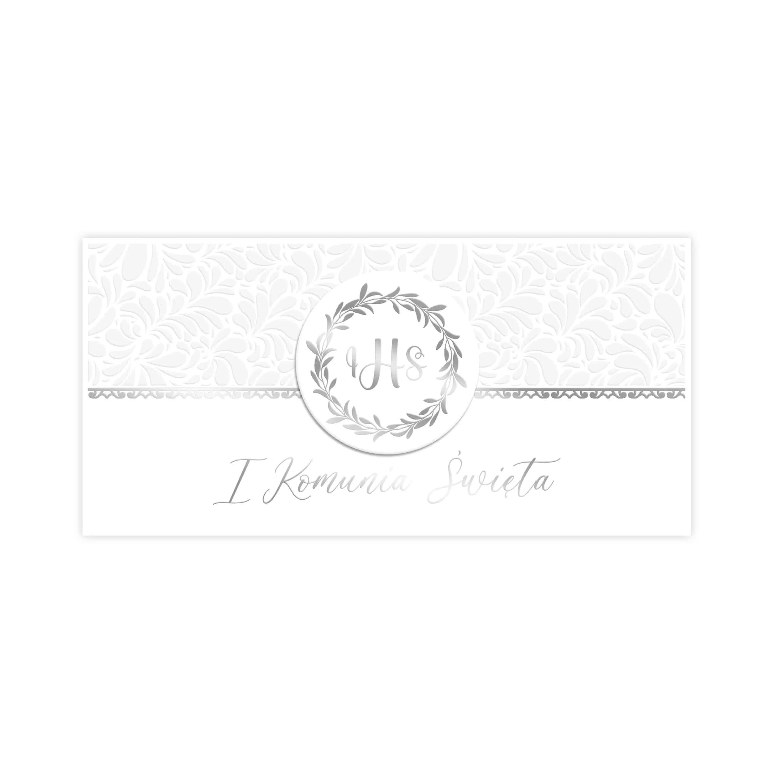Kartka z okazji I Komunii Św., biała, tłoczona, złocenie, hostia ihs