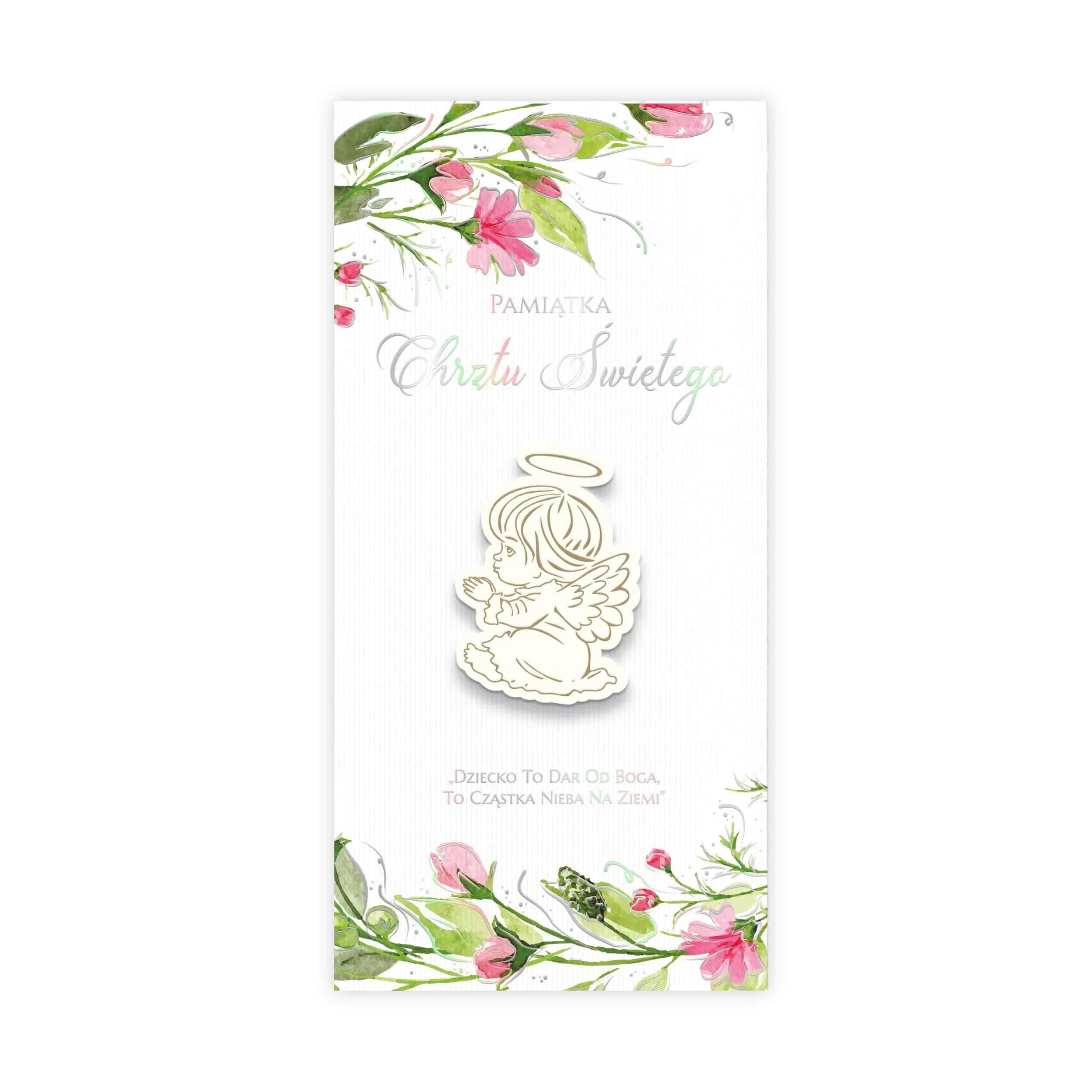 Kartka na chrzest z akwarelowymi kwiatami i drewnianym grawerowanym elementem ozdobnym. Wzór różowy z modlącym się aniołkiem.