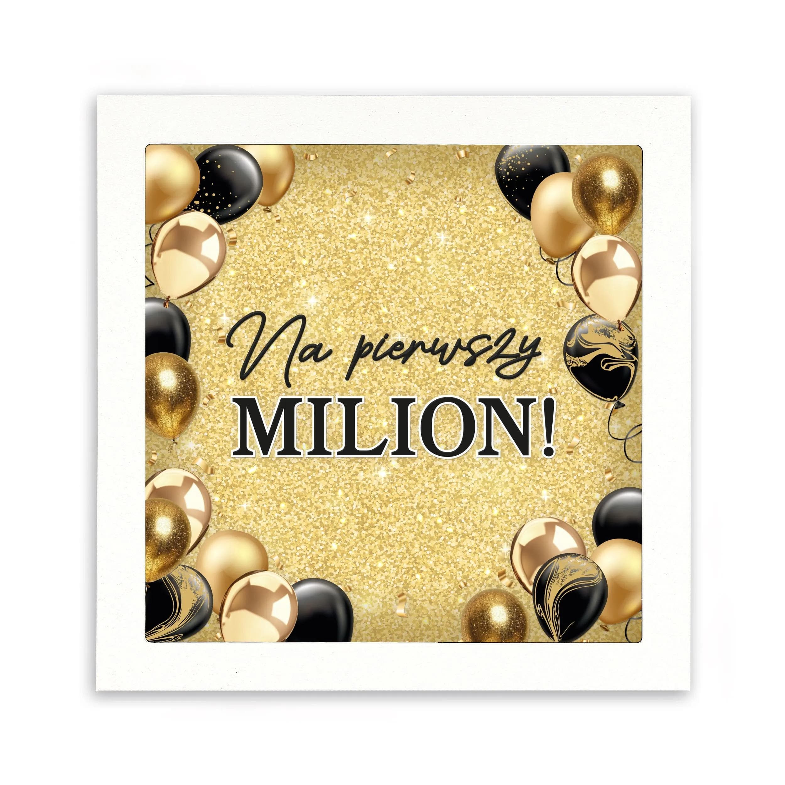 Skarbonka drewniana na urodziny, złote balony, złote tło