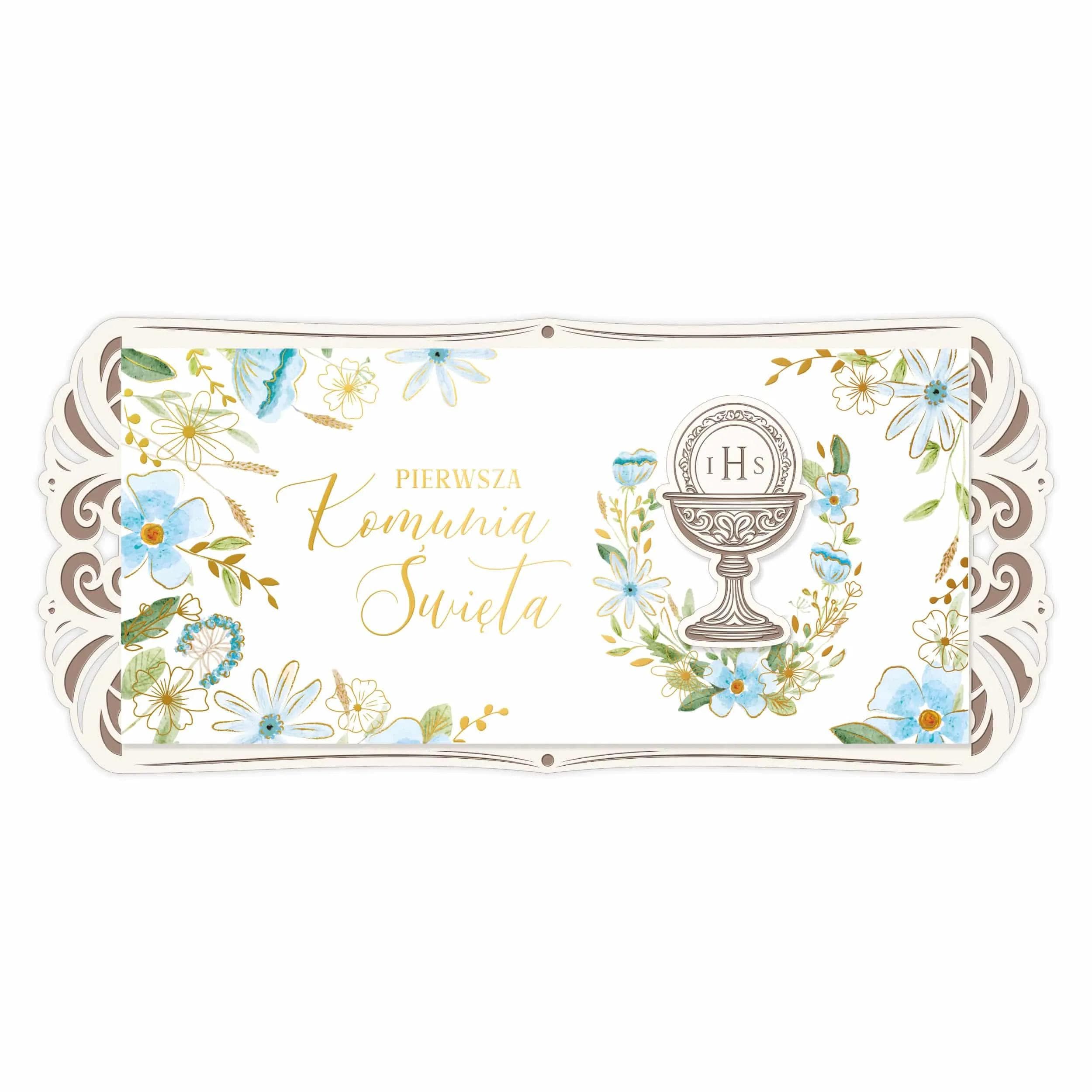 Kartka na I Komunię Święta na drewnianym grawerowanym podkładzie, boho, rustykalna, akwarelowe kwiaty, dla chłopca z drewnianym kielichem