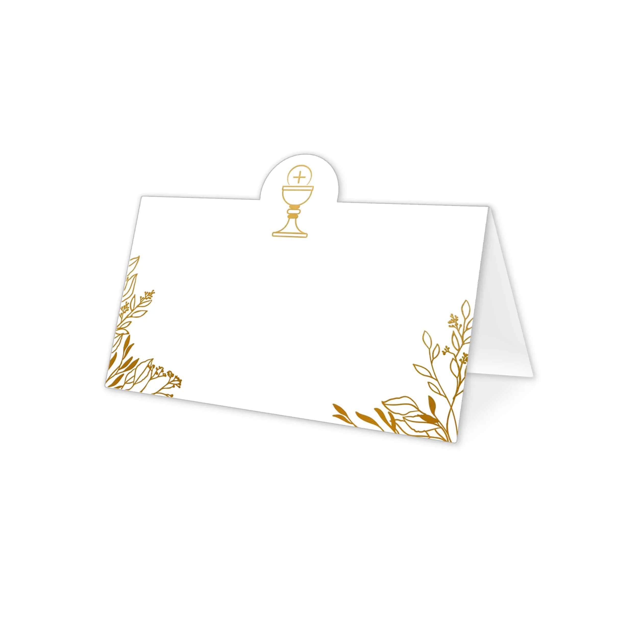 Biała winietka na komunię, składana na pół, ozdobny papier i złocenie, kielich i listki