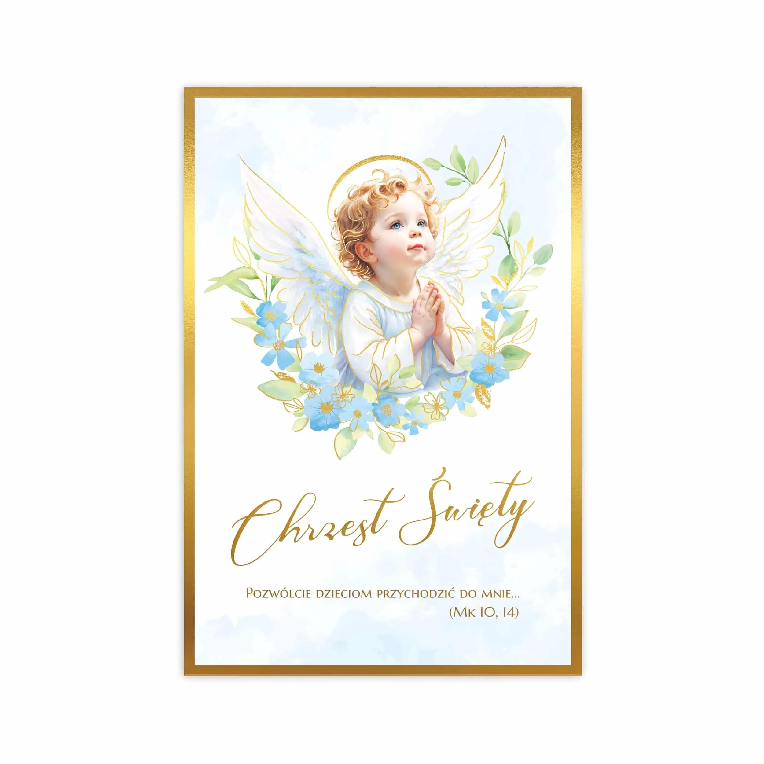 Elegancka kartka ozdobiona subtelnymi akwarelowymi grafikami oraz matowymi złoceniami. Zawiera duże napisy imitujące ręczne pismo pasujące do motywu modlącego się aniołka na niebieskim tle.