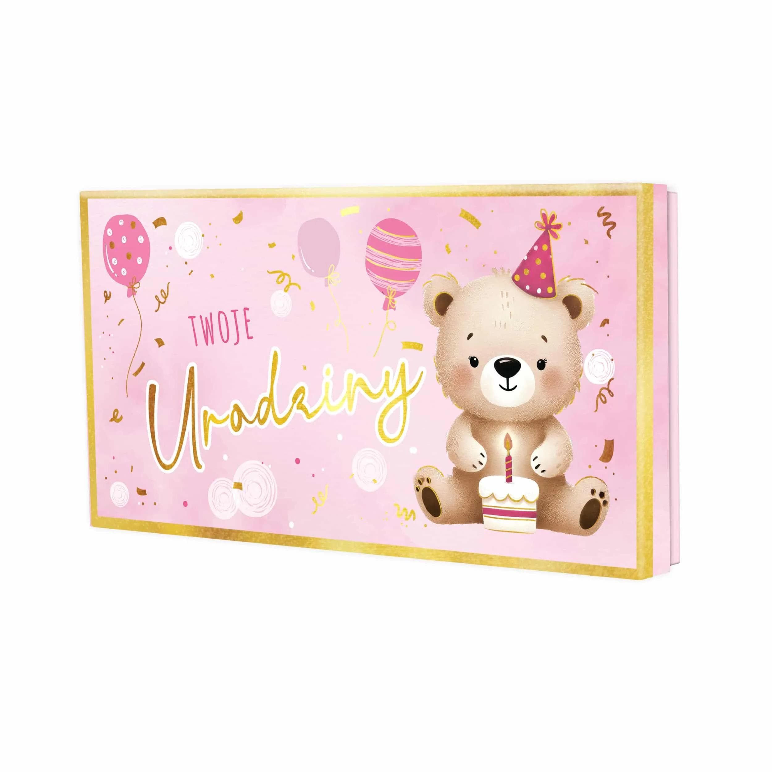 Pudełko prezentowe dla dzieci, wąskie, akwarelowe kolory, idealne na pieniądze, karty podarunkowe i vouchery! Wzór z misiem dla dziewczynek.