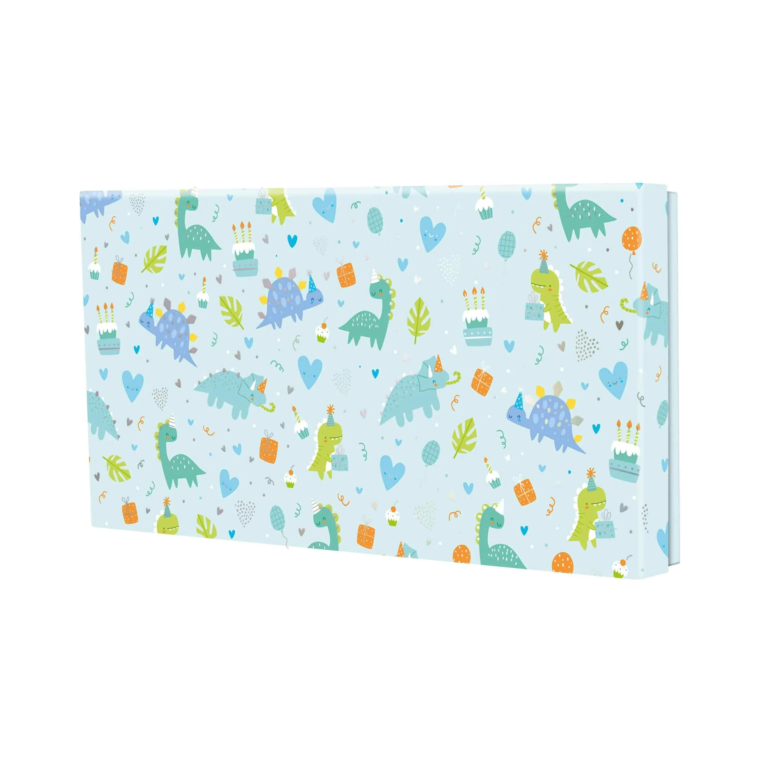 Pudełko prezentowe dla dzieci, wąskie, akwarelowe kolory, idealne na pieniądze, karty podarunkowe i vouchery! Wzór z dinozaurami niebieski.