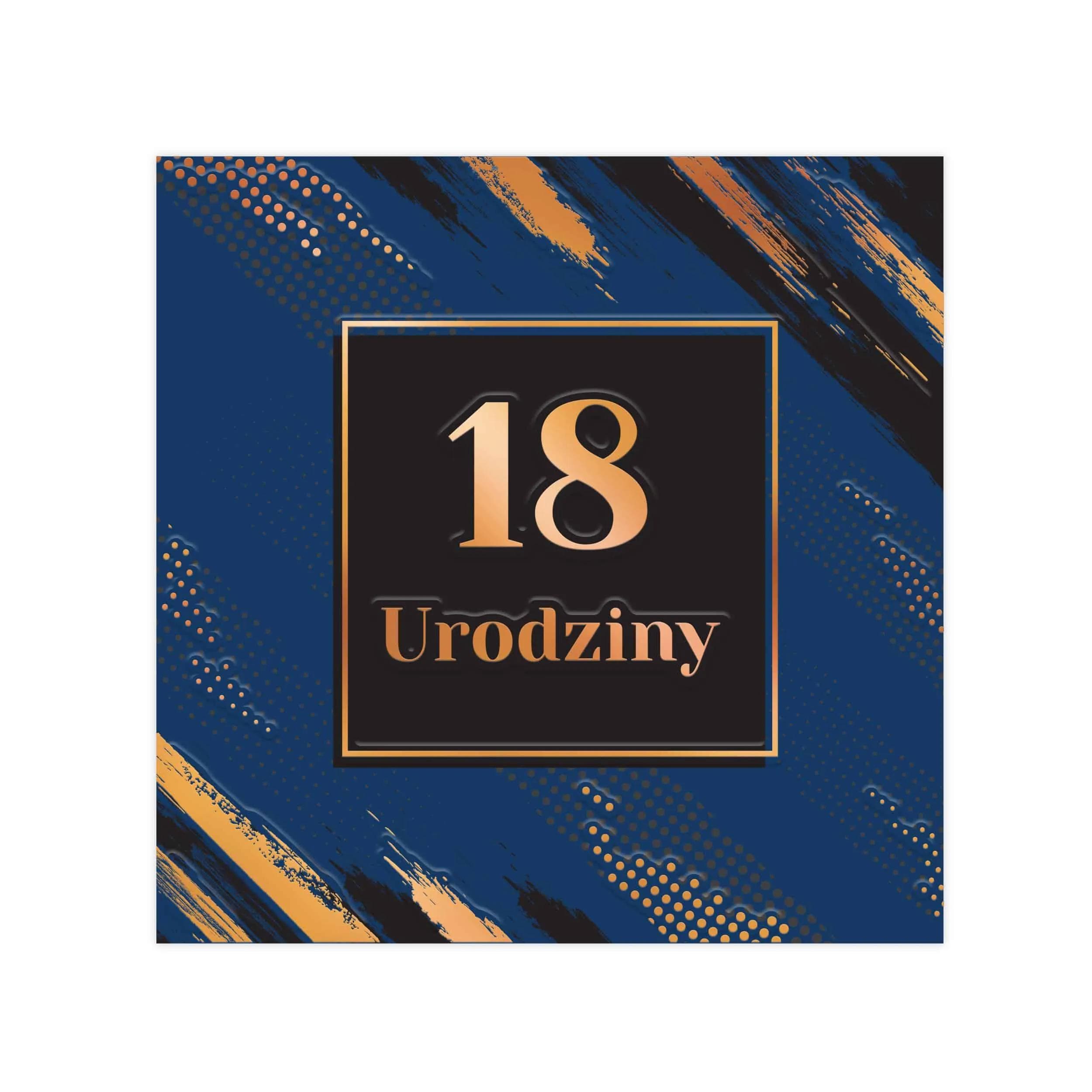 Granatowa kartka na 18 urodziny z czarno-złotą ramką, miedzianymi pociągnięciami pędzla i dużym napisem 18 Urodziny – elegancka propozycja dla chłopaka.