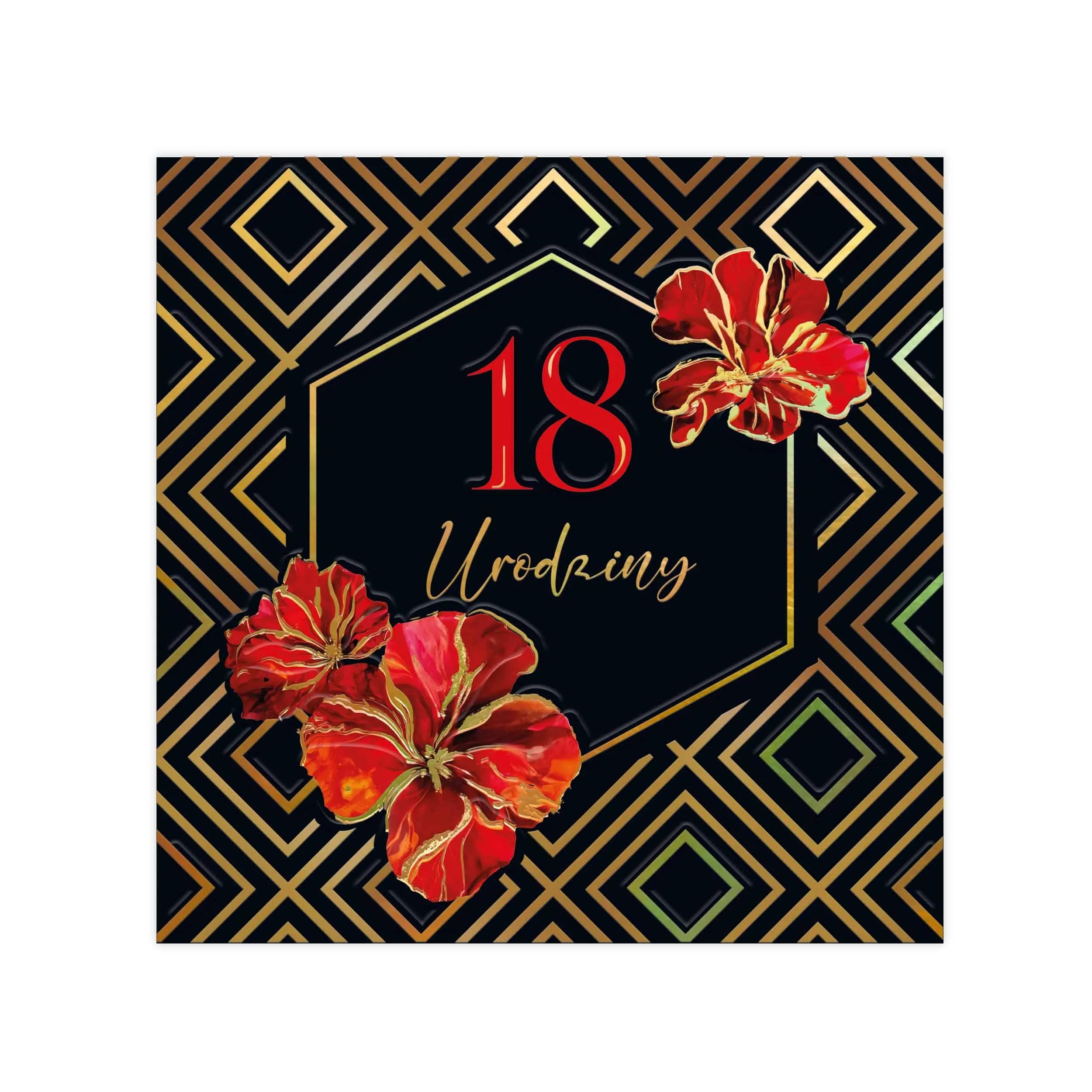 Ekskluzywna kartka na 18 urodziny w czarno-złotym stylu glamour z czerwonymi kwiatami i dużym napisem 18 Urodziny.