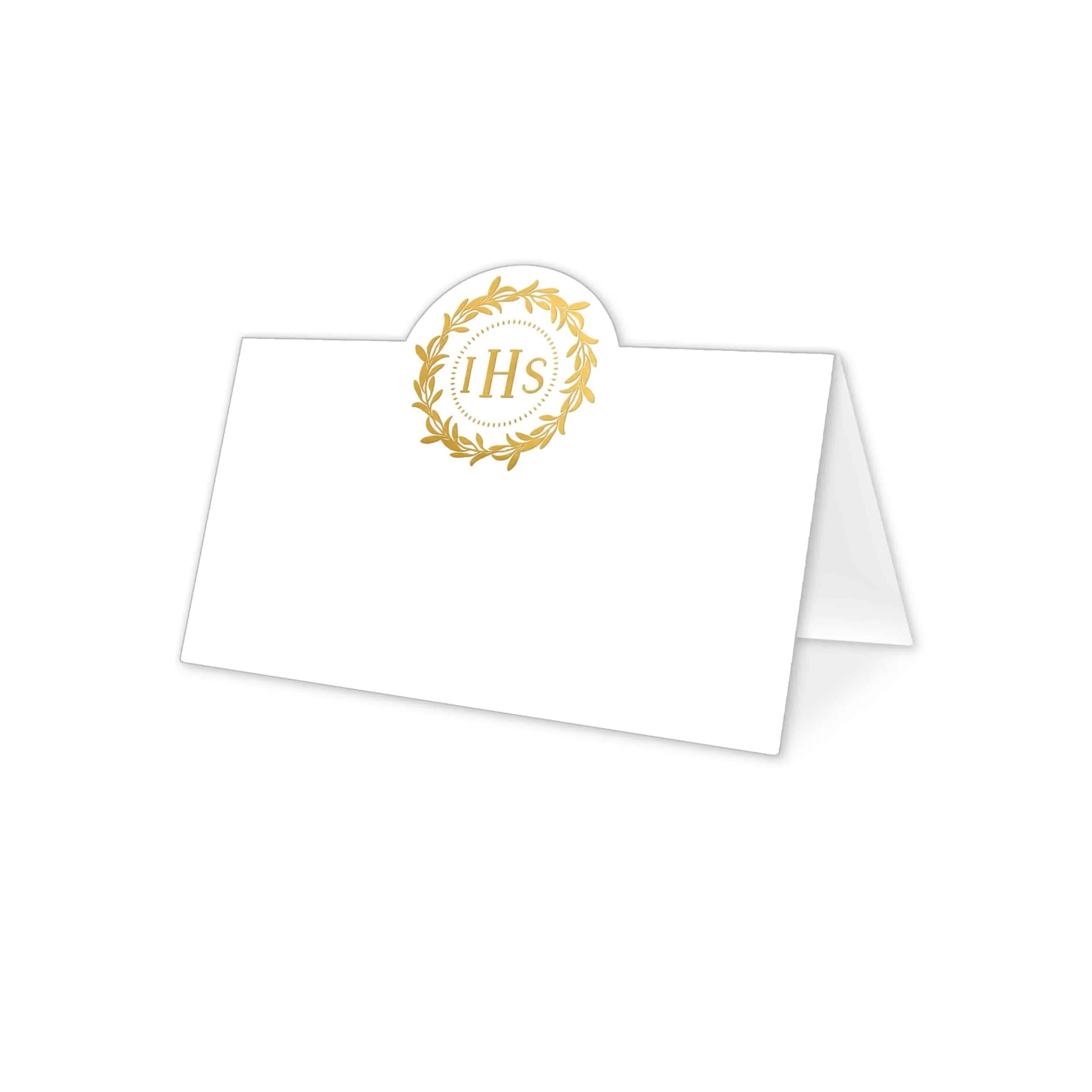 Biała winietka na komunię, składana na pół, ozdobny papier i złocenie, IHS hostia