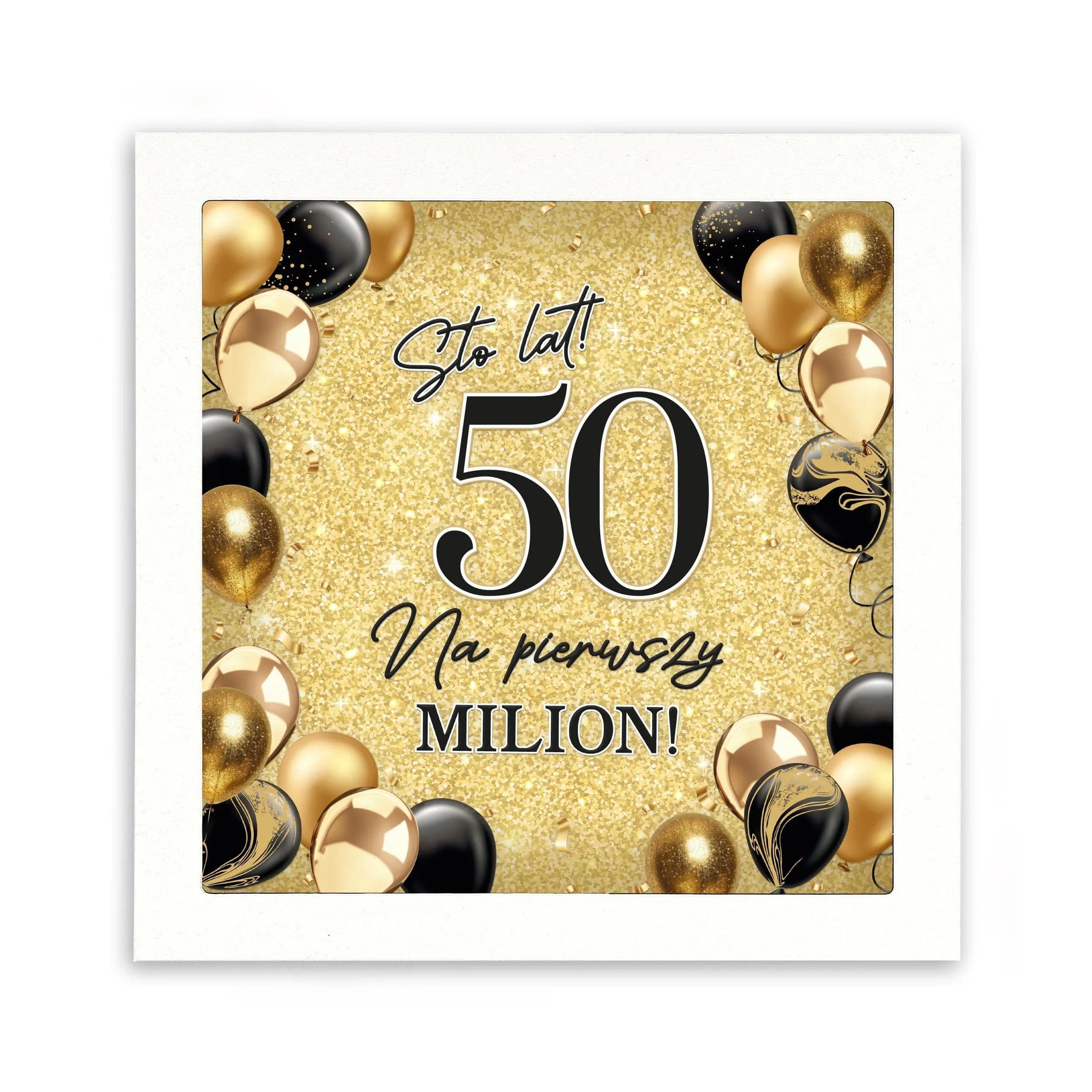 Skarbonka na 50 urodziny, złocone tło, złote balony i czarny napis