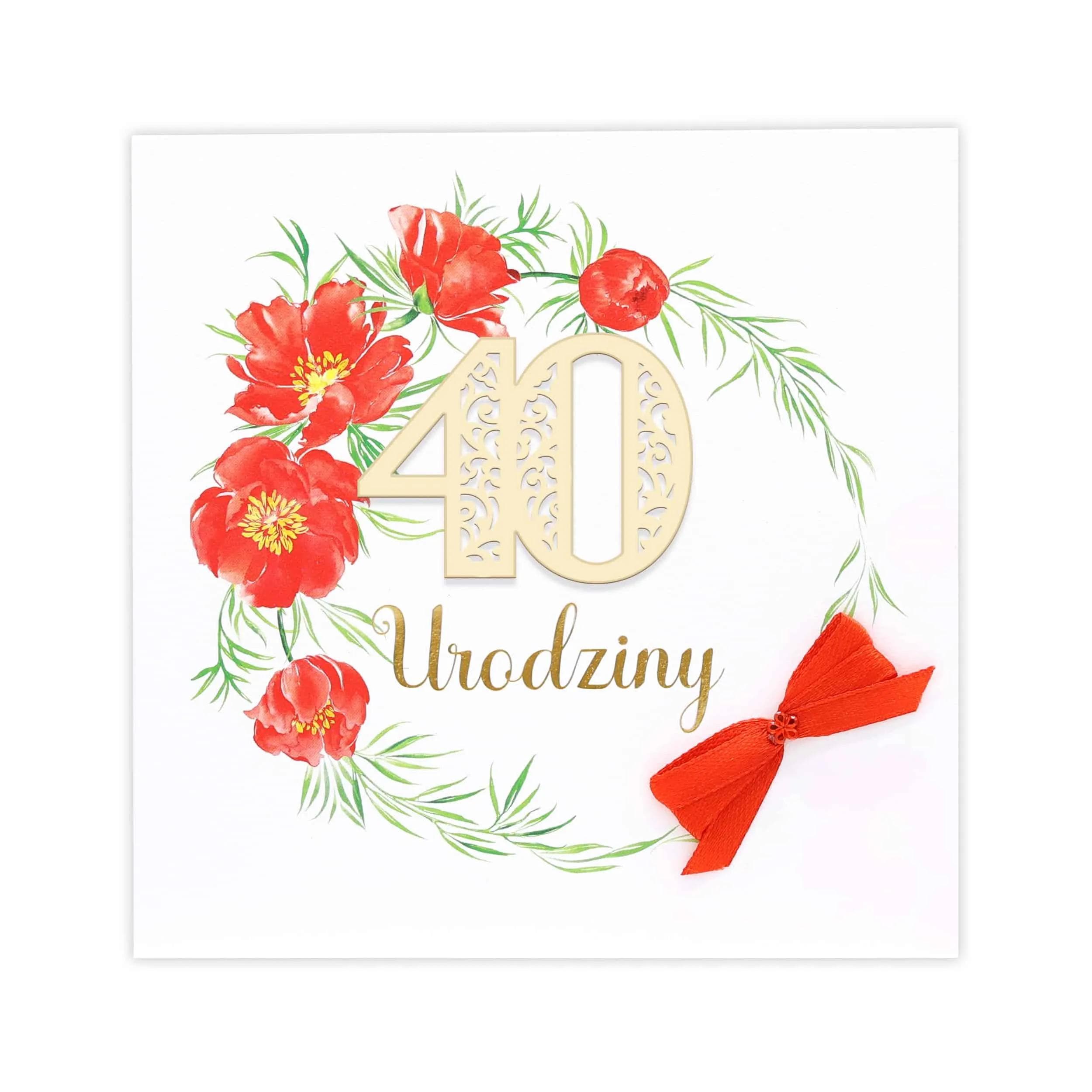 Kartka na urodziny, akwarelowe kwiatki, ozdobny papier, czerwona, 40