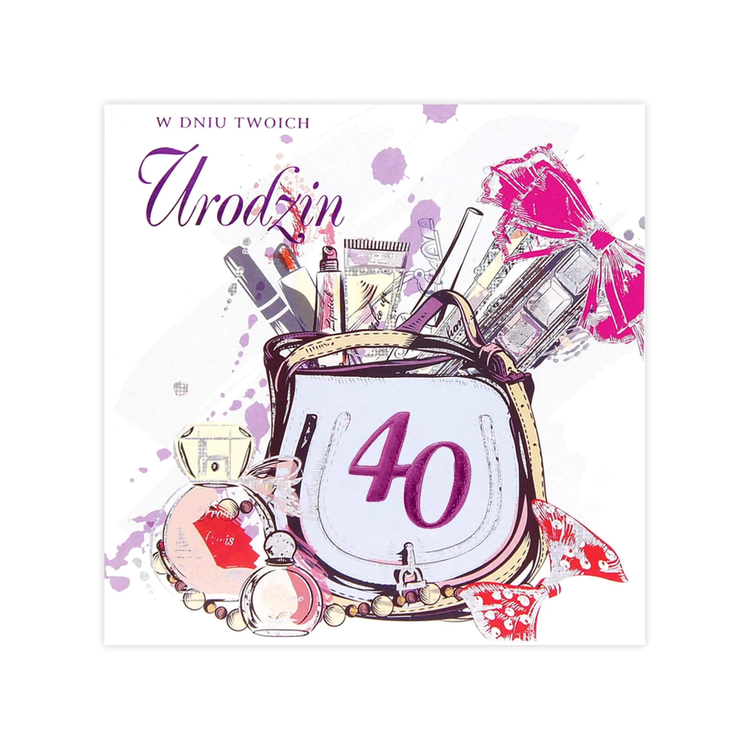 Kartka urodzinowa na 40 urodziny dla kobiety z grafiką kosmetyczki pełnej perfum i kosmetyków oraz dużą fioletową cyfrą 40.