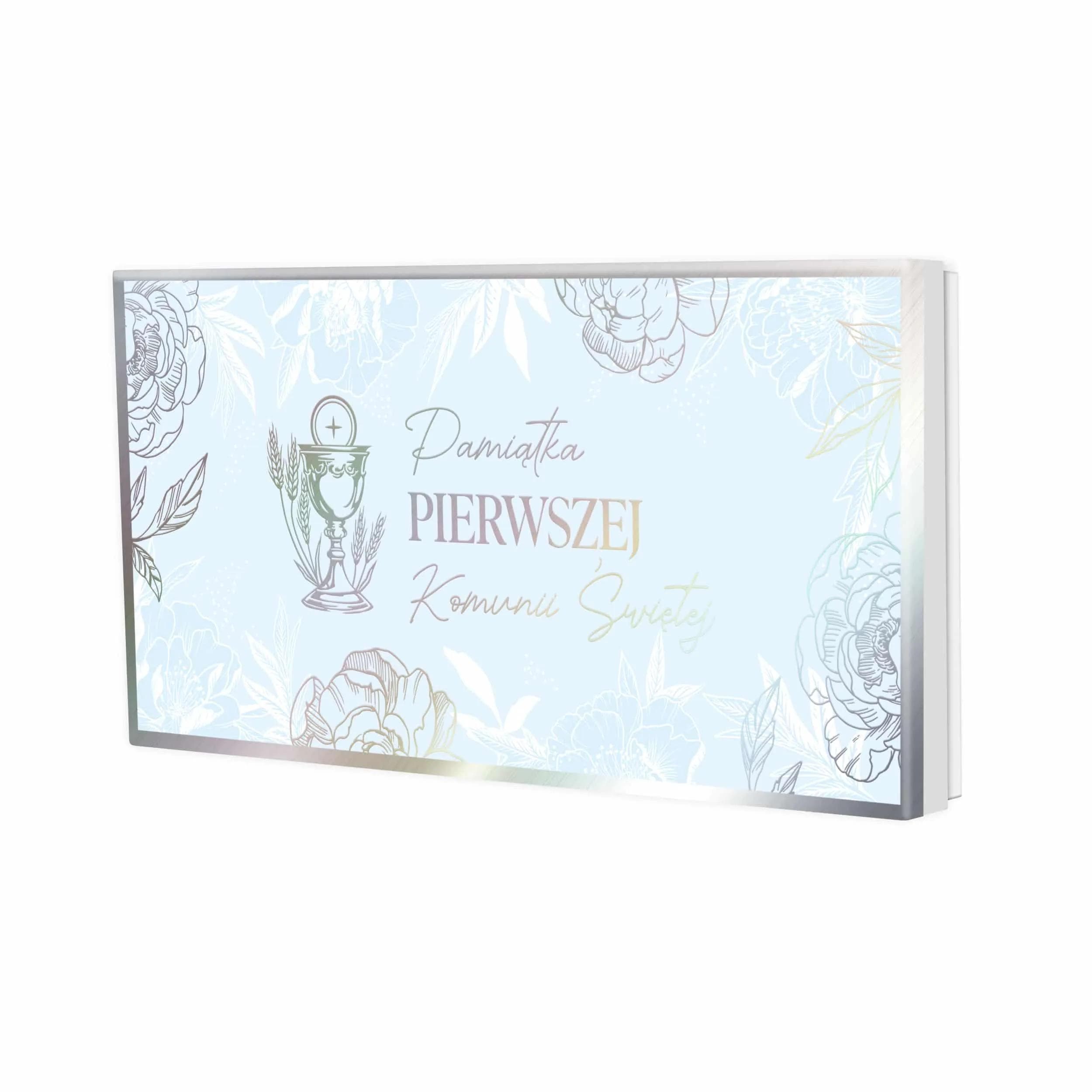 Pudełko na pieniądze, vouchery i kartkę na I Komunię Świętą, wąskie pudełko prezentowe dla chłopca, niebieskie