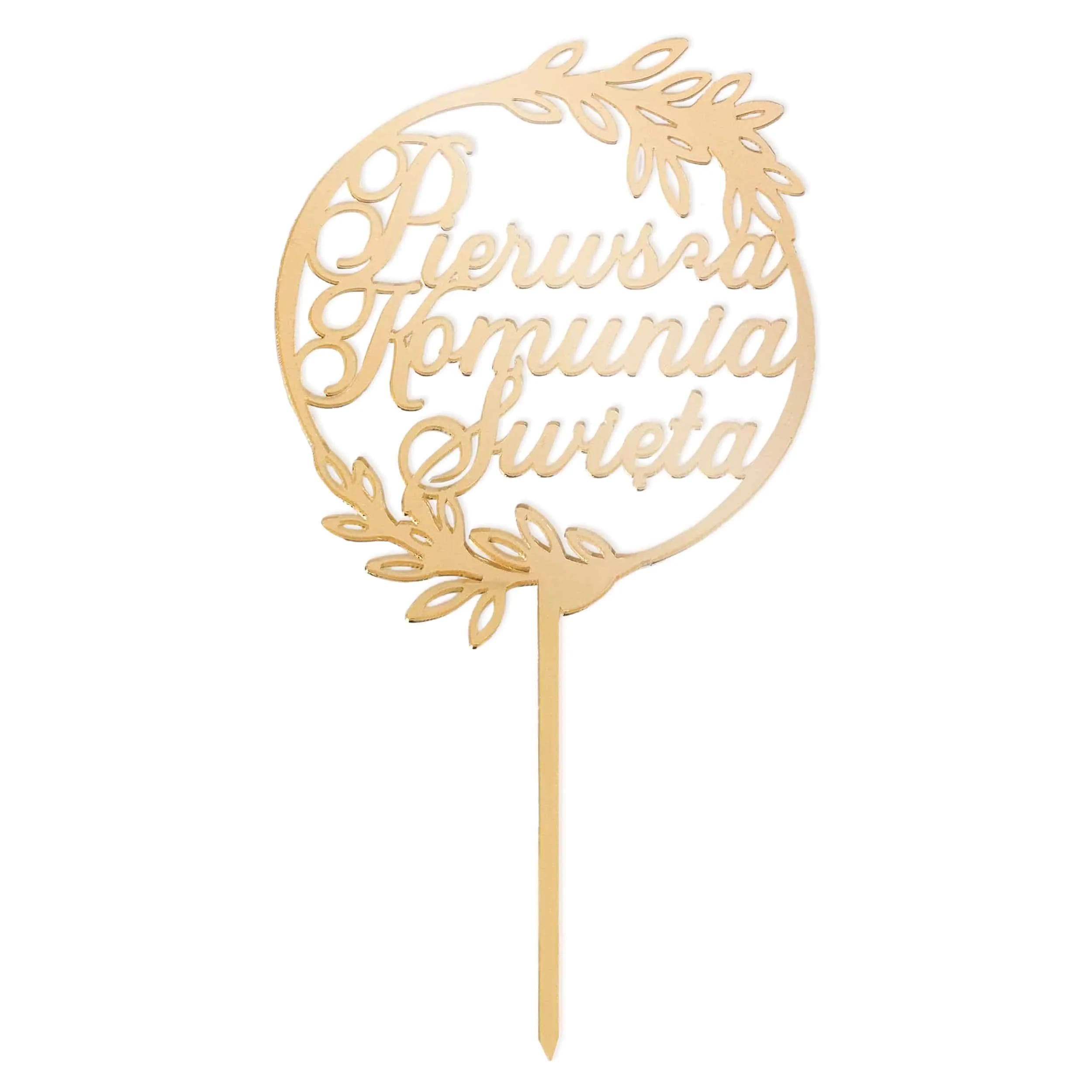 Złoty topper do ciasta na pierwszą komunię świętą, ozdobna wysoka dekoracja ażurowo wycinana