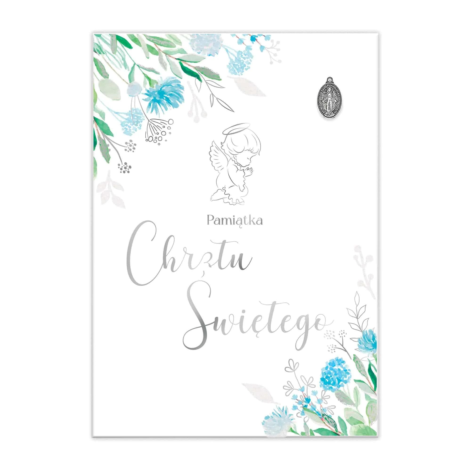 Okładka książeczki z okazji Chrztu Świętego niebieska dla chłopca z aniołkiem