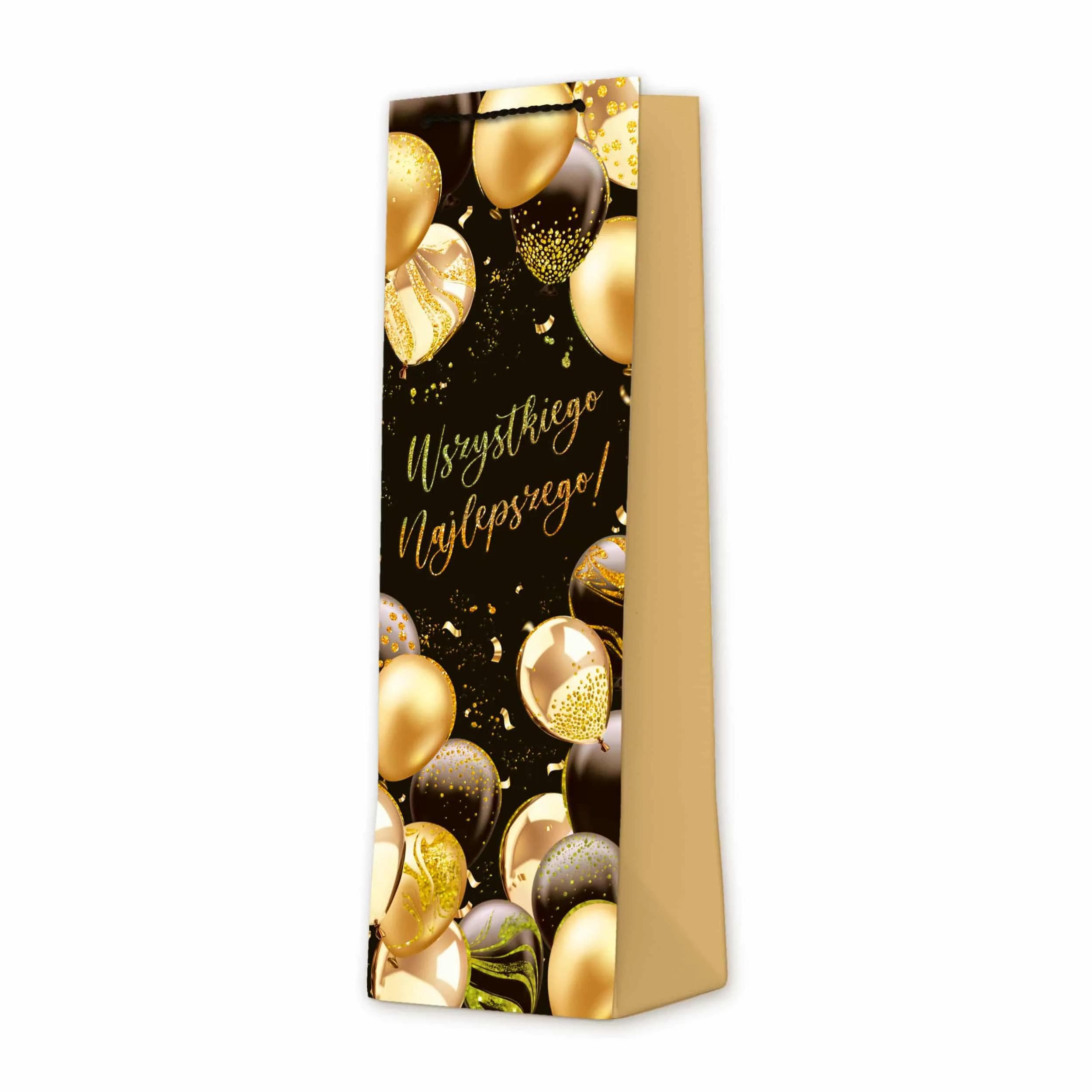 Złocona torba na wino „Wszystkiego Najlepszego” w czarno-złotej kolorystyce, ozdobiona balonami i brokatowymi detalami, elegancka torba prezentowa na urodziny i inne okazje, idealna do pakowania wina lub alkoholi premium.