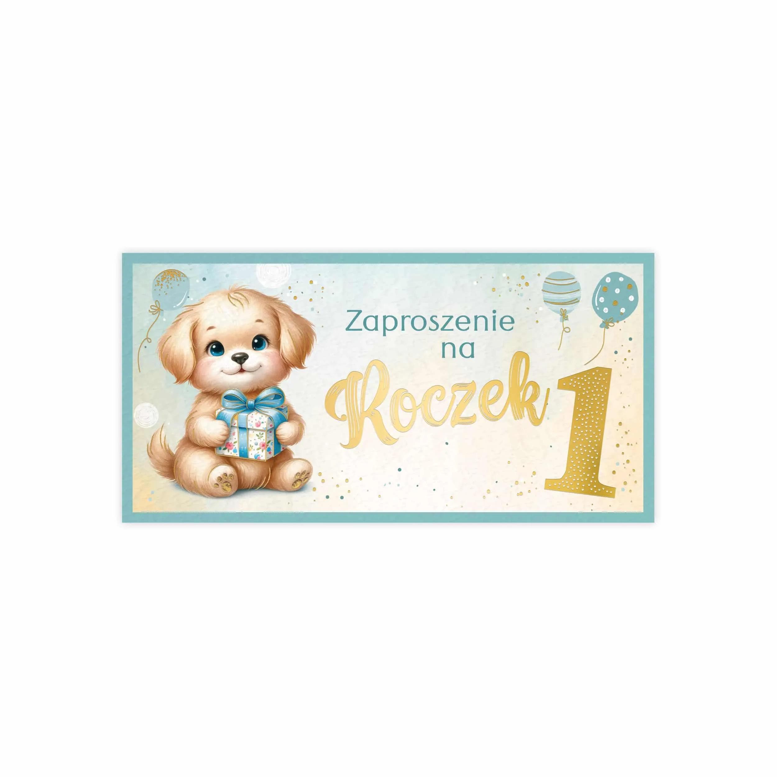 Zdjęcie przedstawia eleganckie zaproszenie na Pierwsze Urodziny dziecka w stylu boho z pieskiem. Zaproszenie utrzymane jest w subtelnych, pastelowych kolorach, z delikatnymi akwarelowymi ilustracjami uroczych zwierzątek. Na froncie znajduje się ozdobna, złocona cyfra „1”, która podkreśla wyjątkowy, ekskluzywny charakter produktu. Zaproszenie idealnie wpisuje się w aktualne trendy, łącząc dziecięcą delikatność z modnym designem.