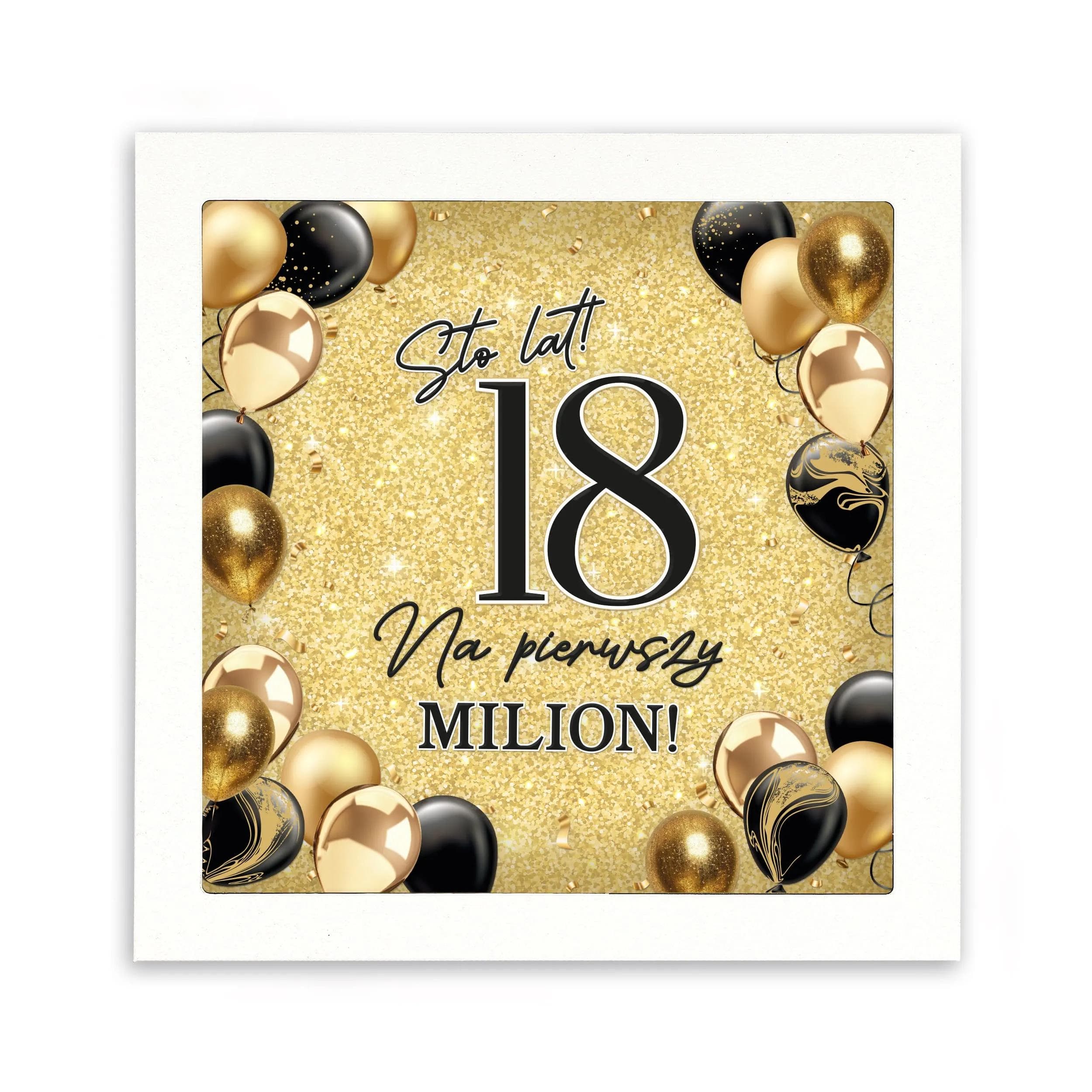 Skarbonka drewniana na 18 urodziny, złote balony, złote tło