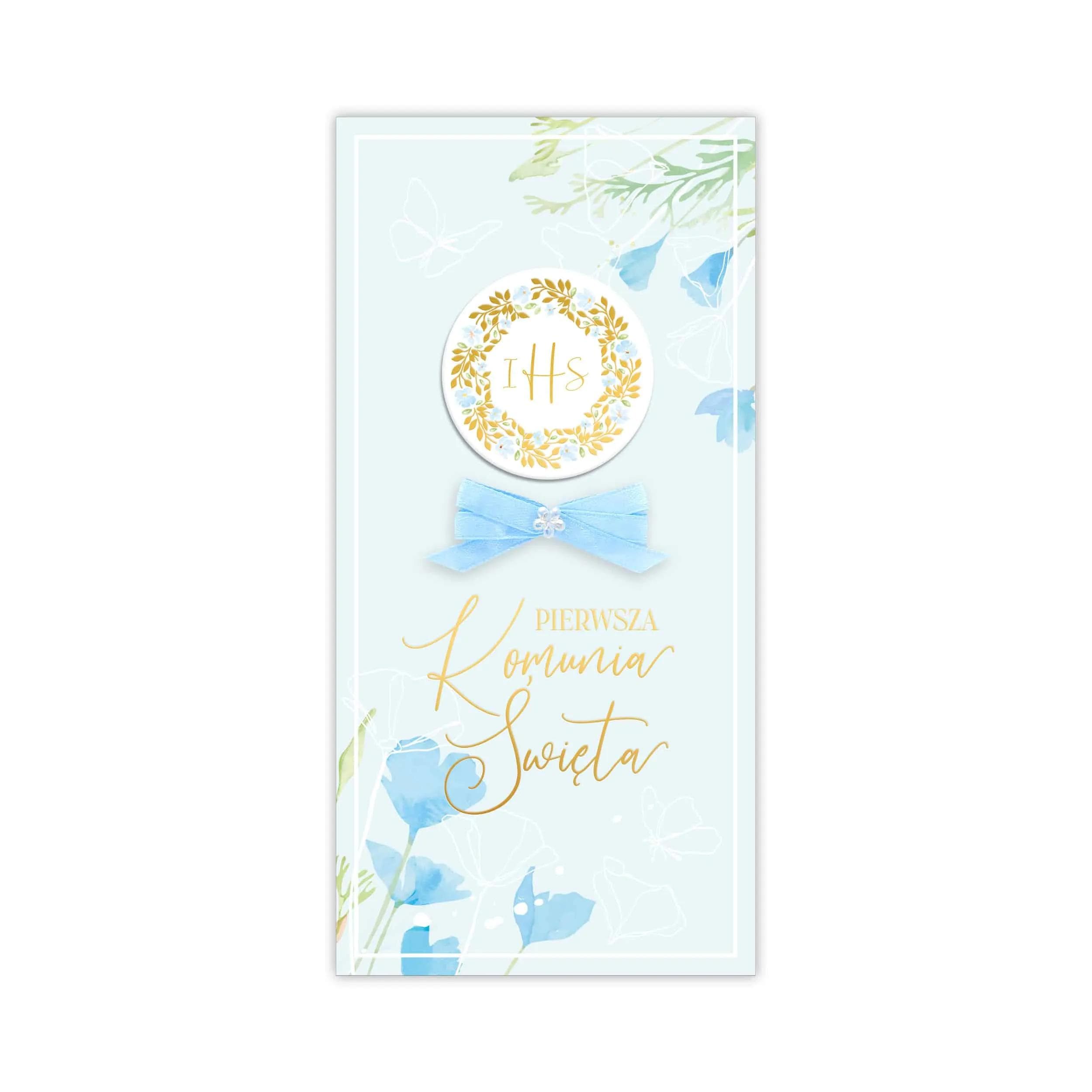 Kartka DL ręczna ze złoconym IHS, satynowa kokardka, florystyczne akwarelowe listki i kwiatki, niebieska dla chłopca