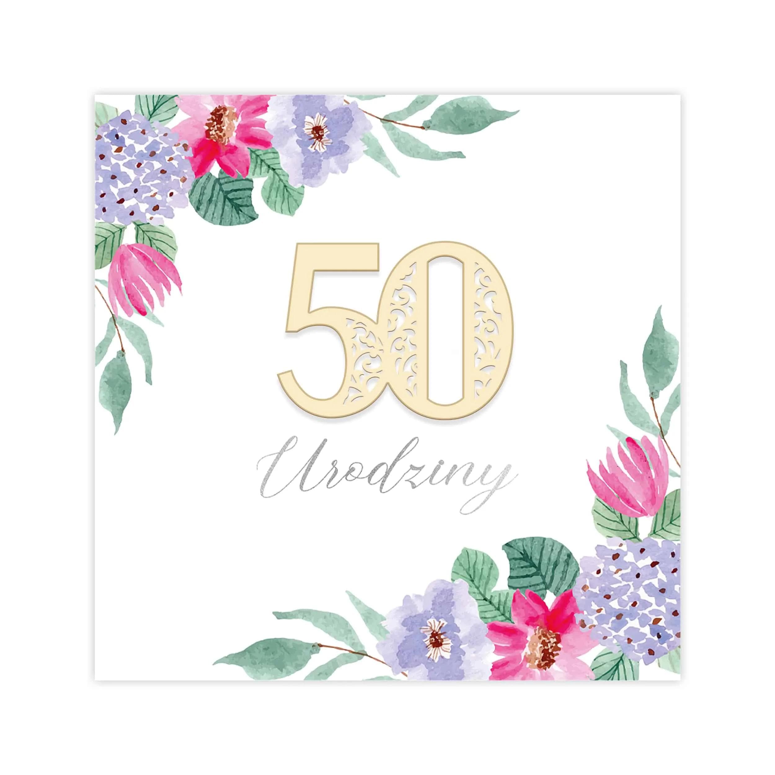 Kartka na urodziny, akwarelowe kwiatki, ozdobny papier, fioletowa, 50